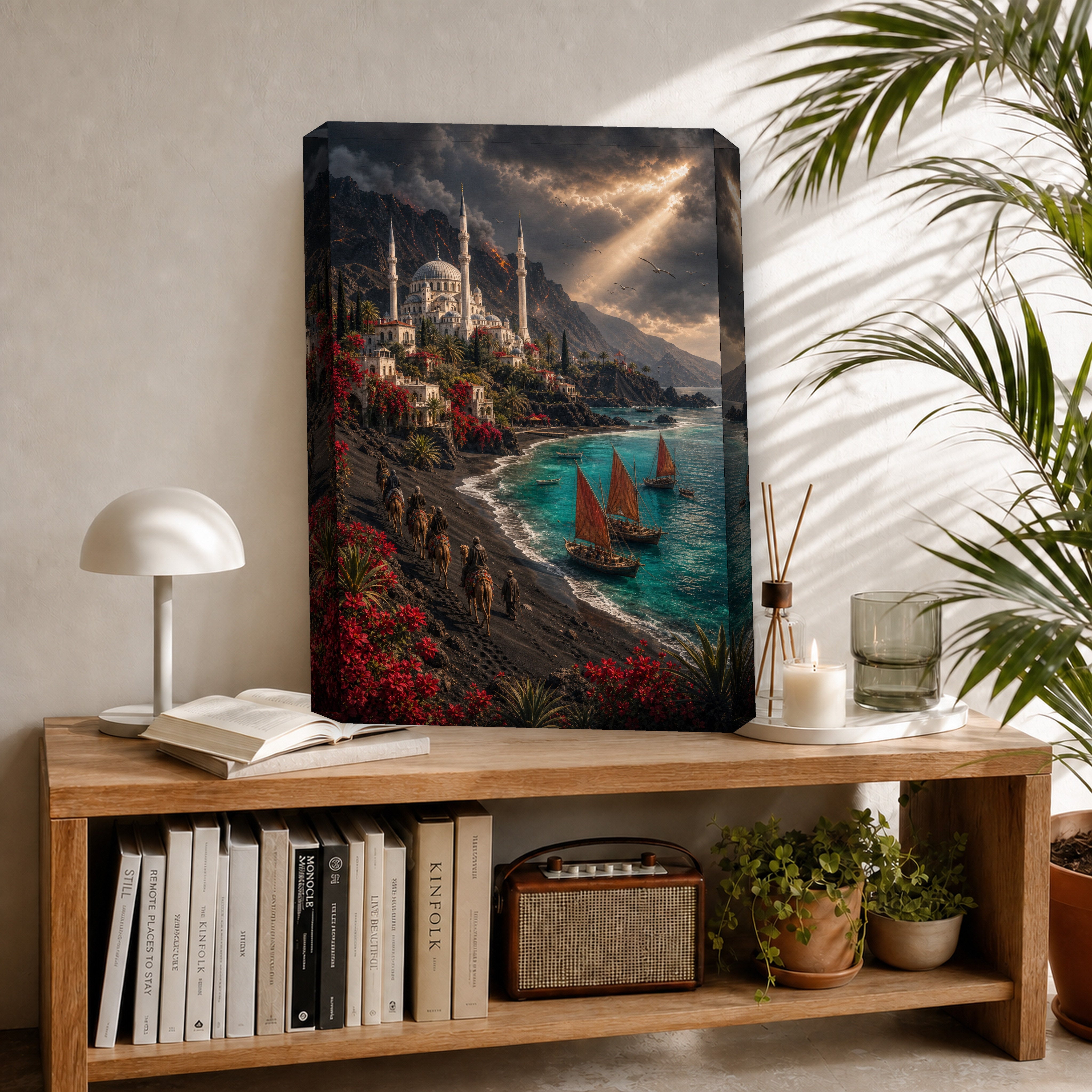 Bodrum Stormlit Red Sail Harbor canvas room mockup by Seji Art