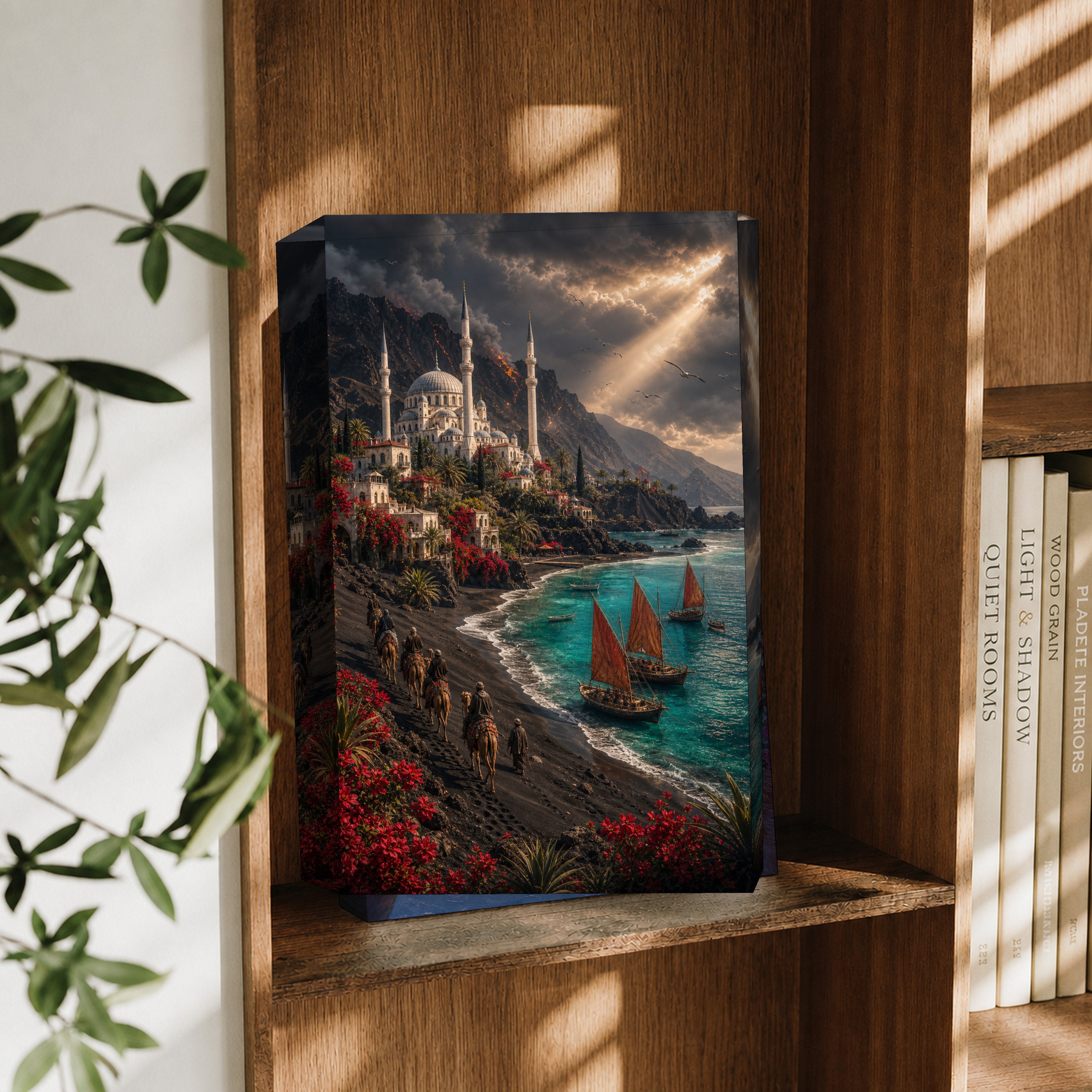 Bodrum Stormlit Red Sail Harbor canvas wall art decor mockup by Seji Art