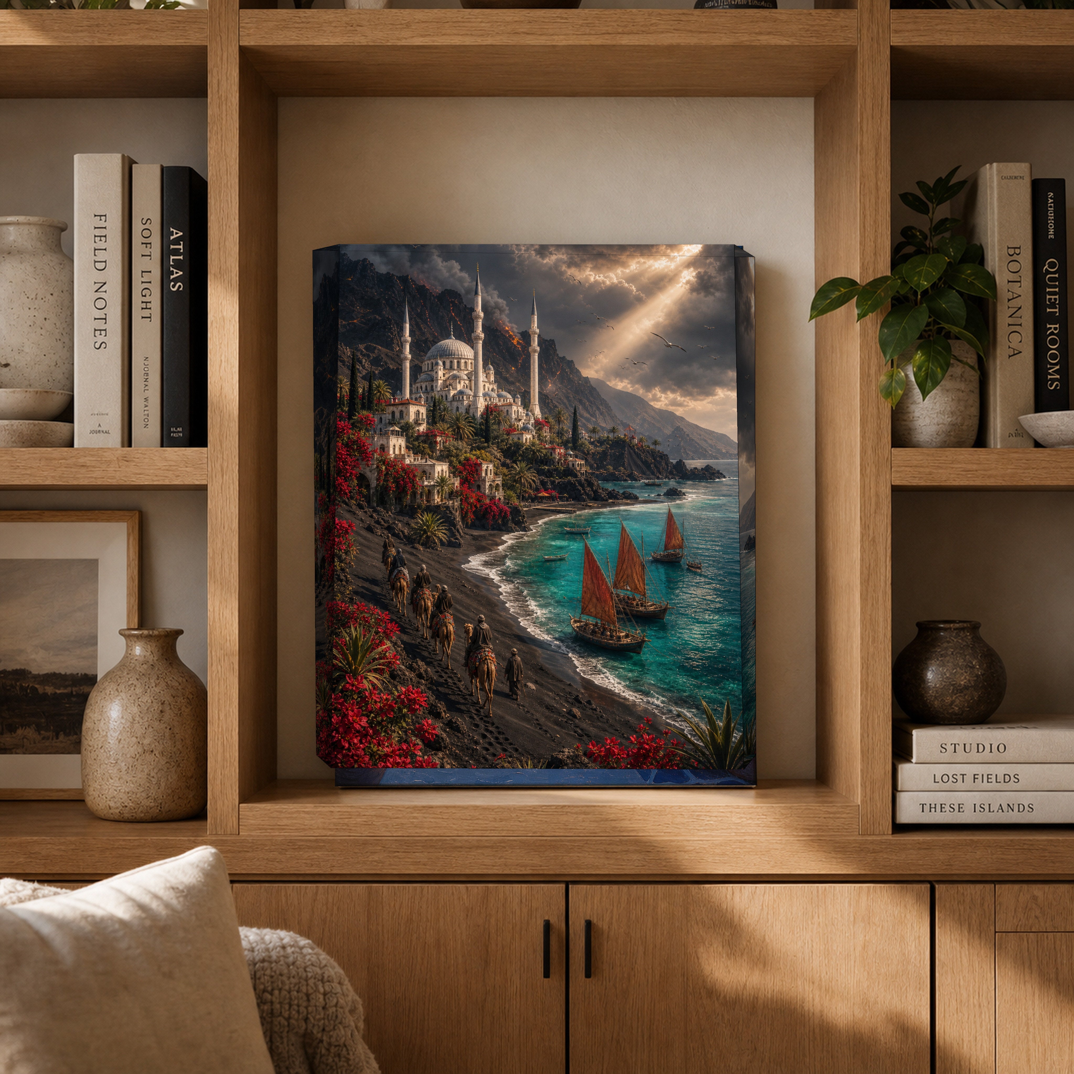 Bodrum Stormlit Red Sail Harbor canvas gallery shelf mockup by Seji Art