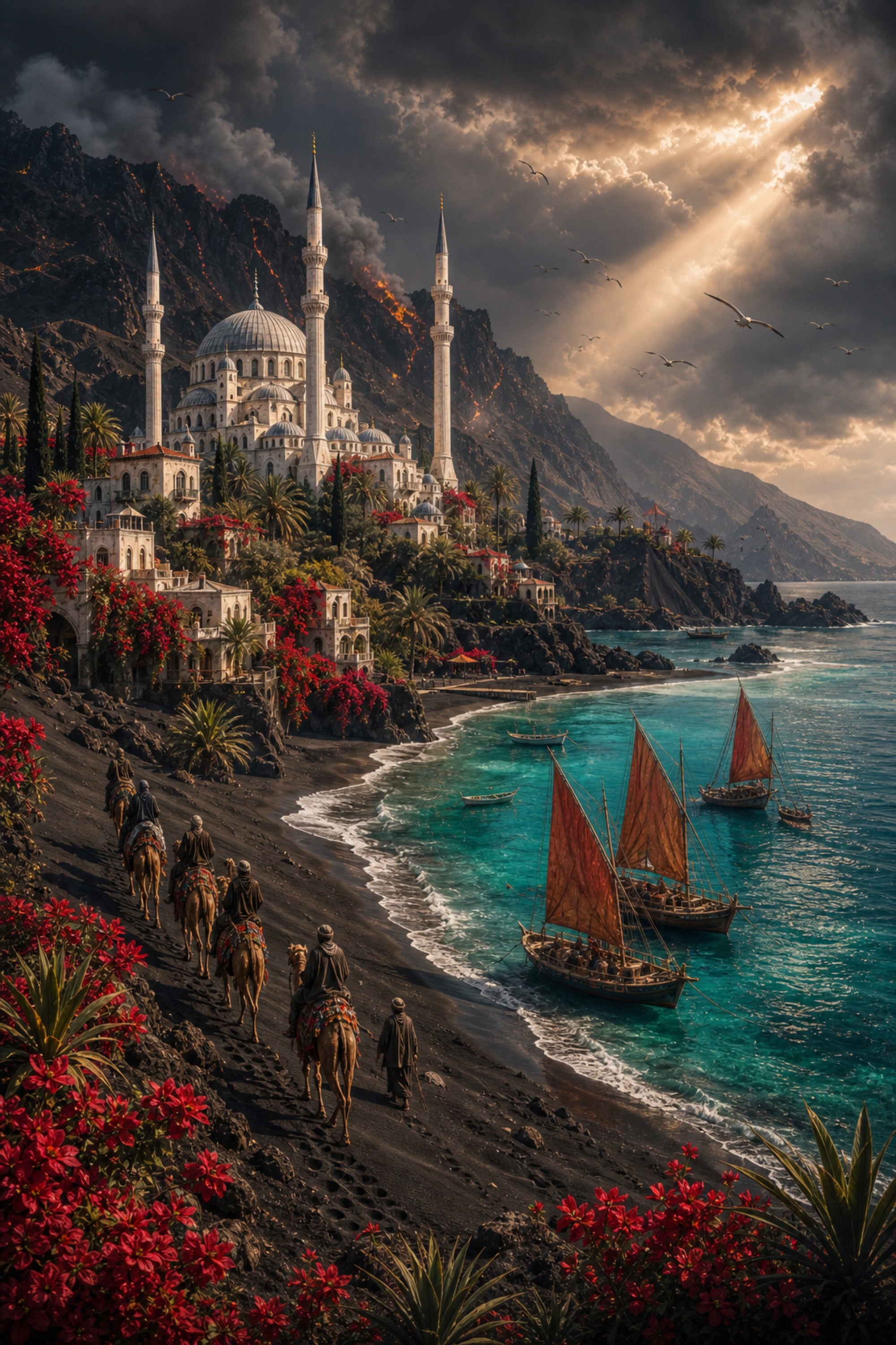 Bodrum Stormlit Red Sail Harbor poster print preview by Seji Art