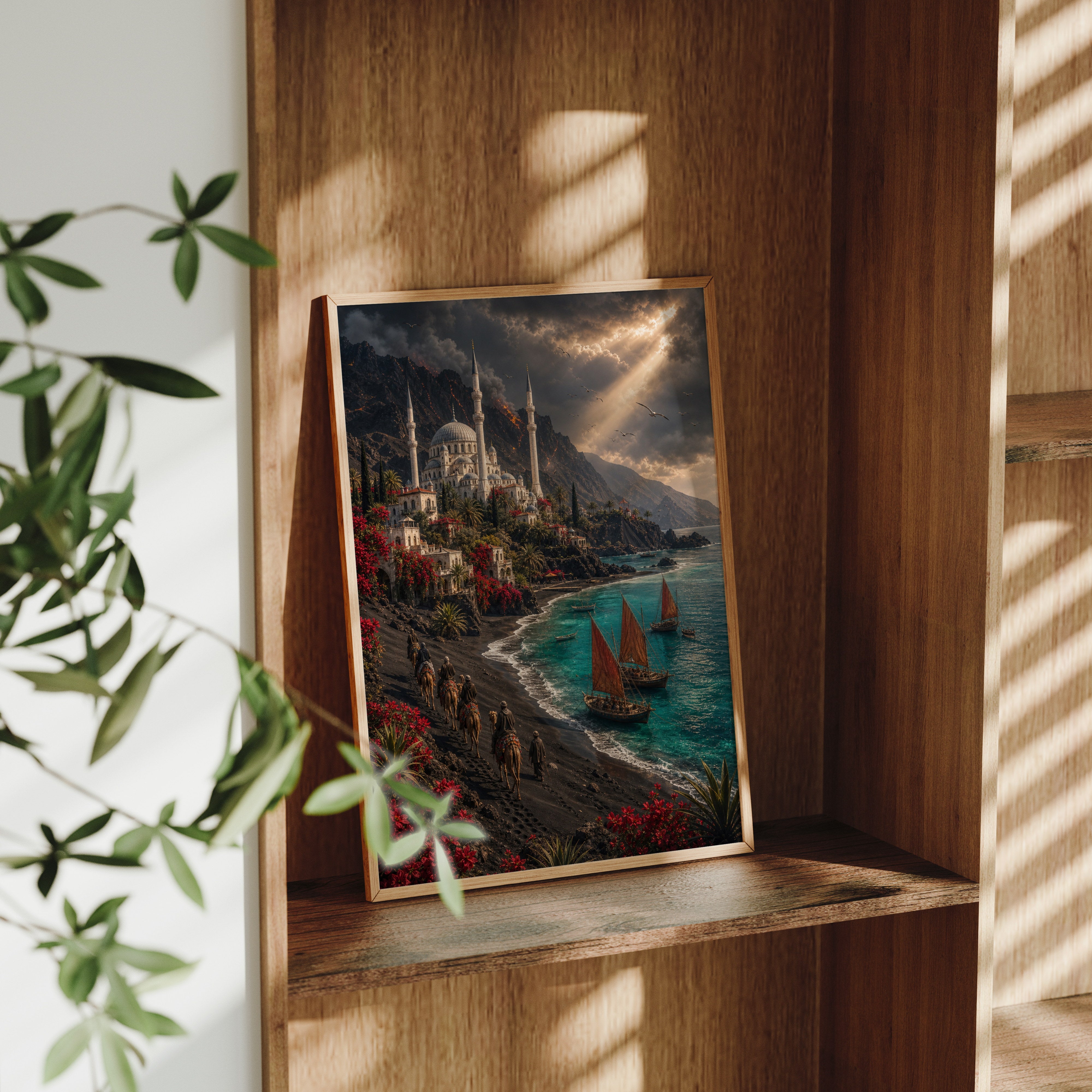 Bodrum Stormlit Red Sail Harbor poster framed room mockup by Seji Art