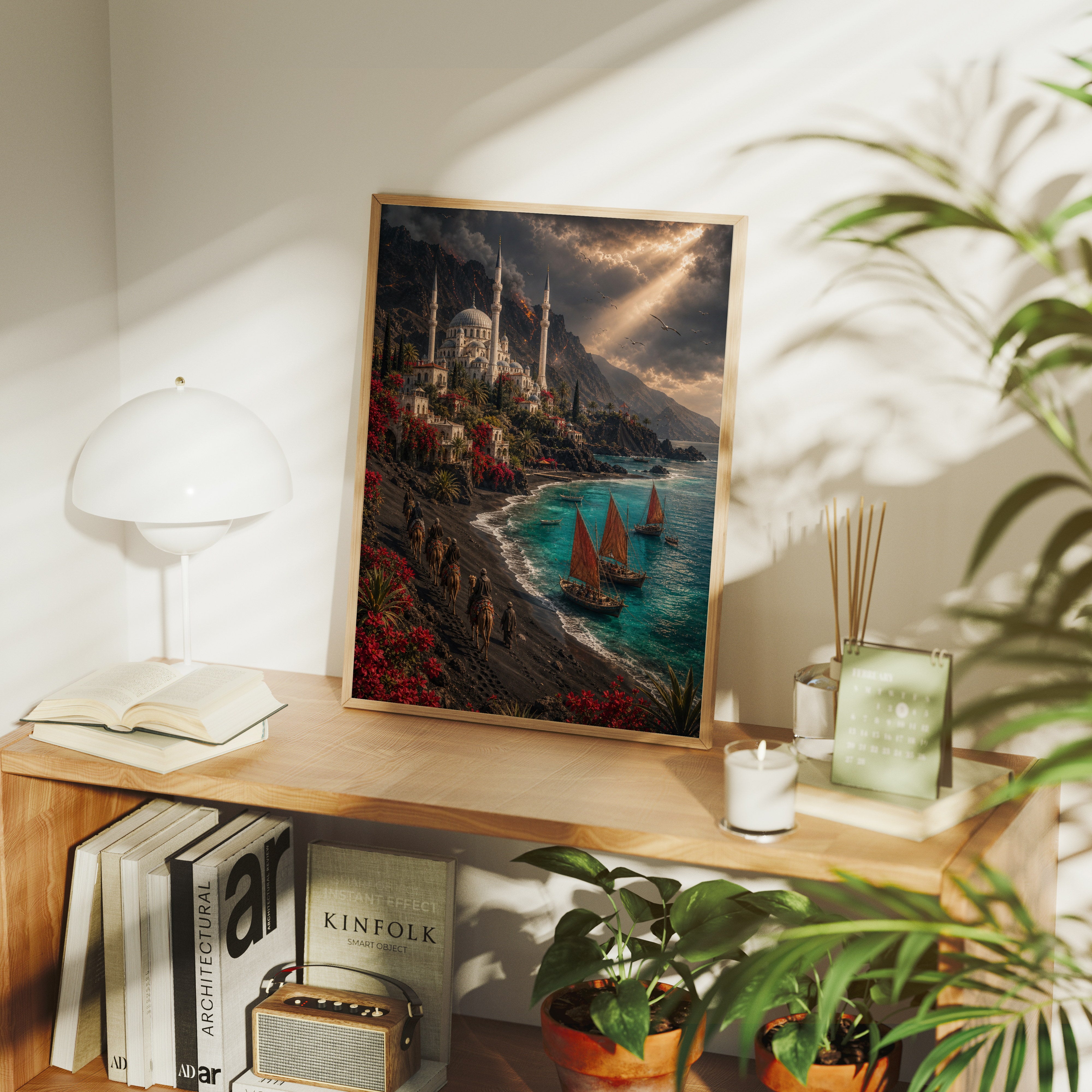 Bodrum Stormlit Red Sail Harbor poster gallery shelf mockup by Seji Art