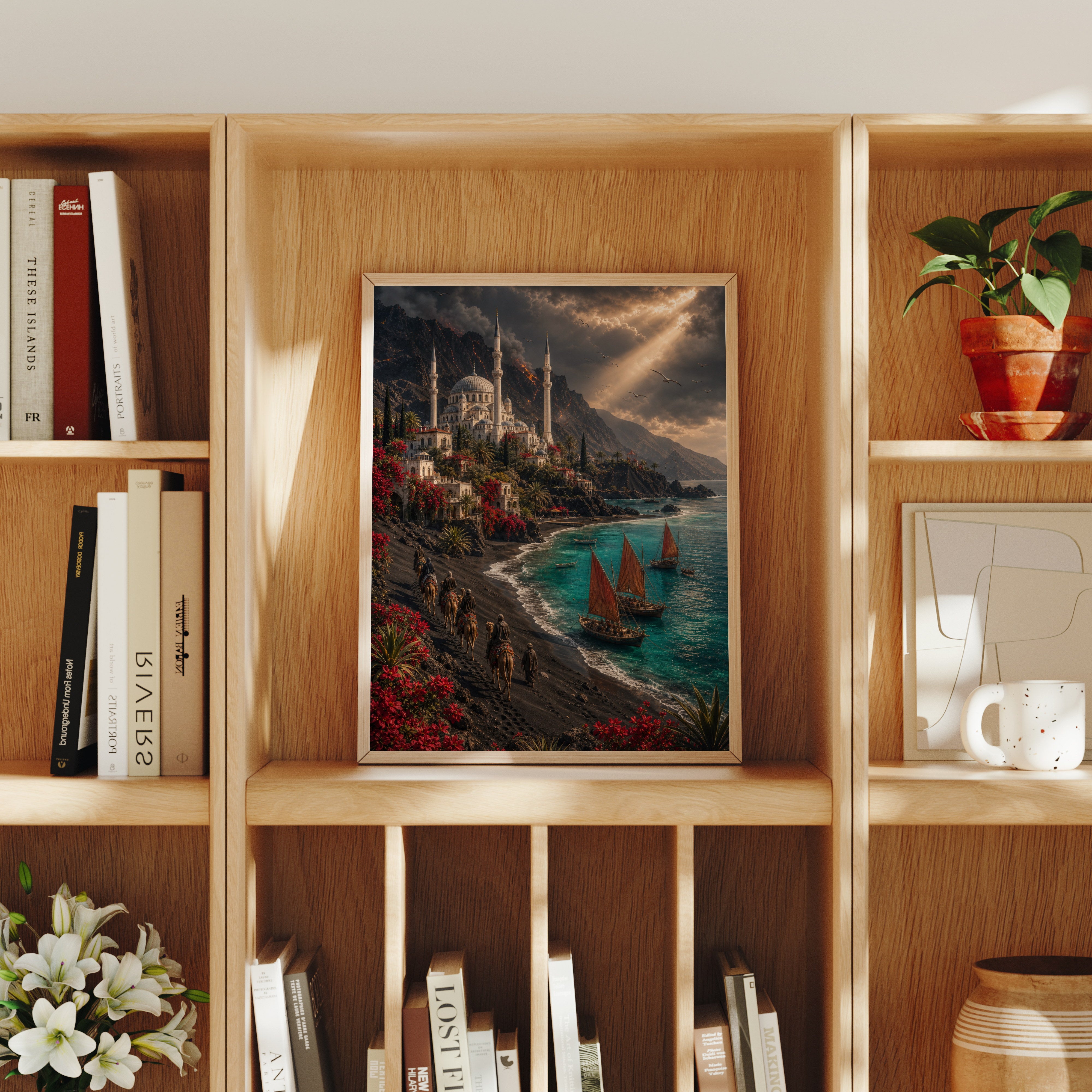 Bodrum Stormlit Red Sail Harbor poster home decor mockup by Seji Art