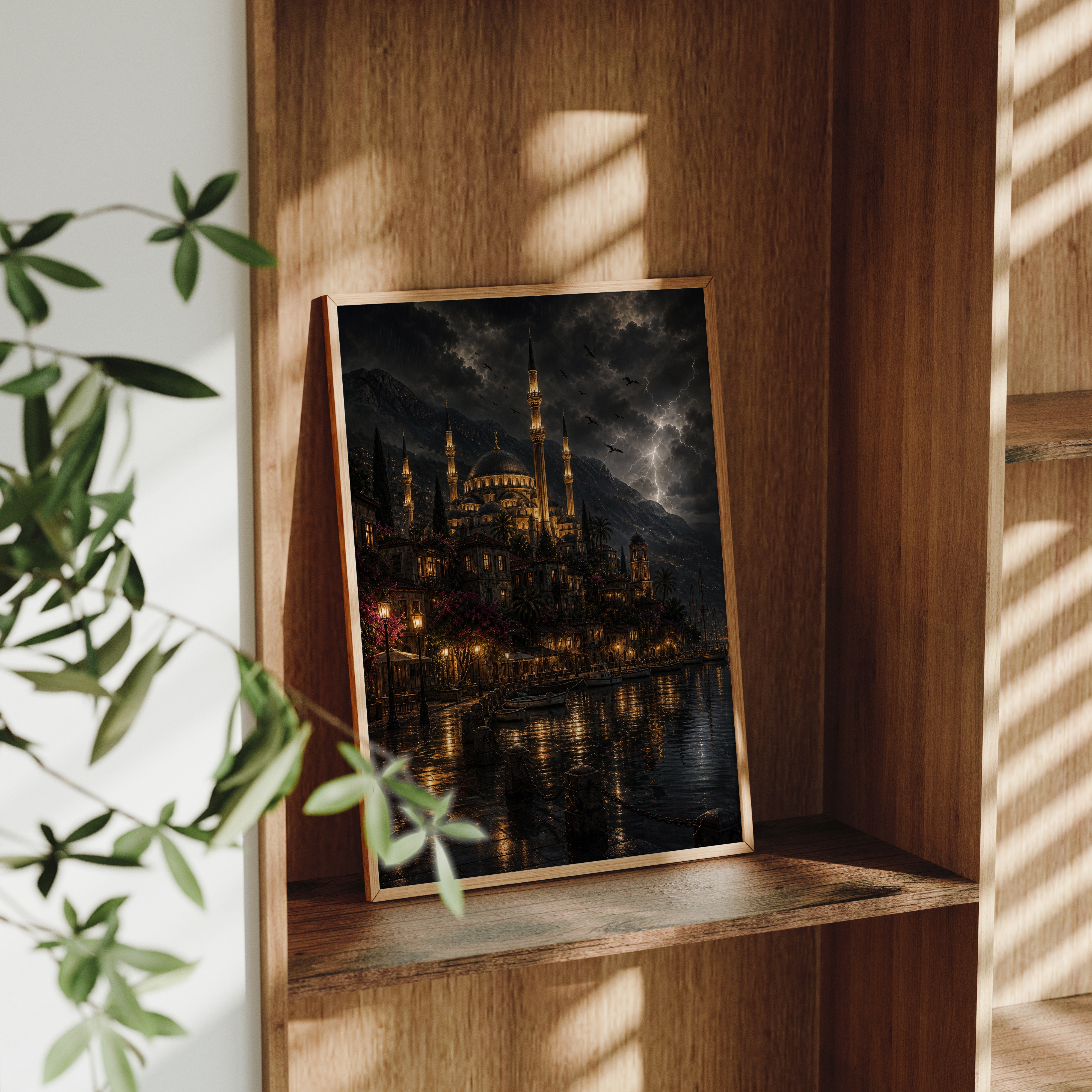 Bodrum Stormy Castle Mosque poster framed room mockup by Seji Art