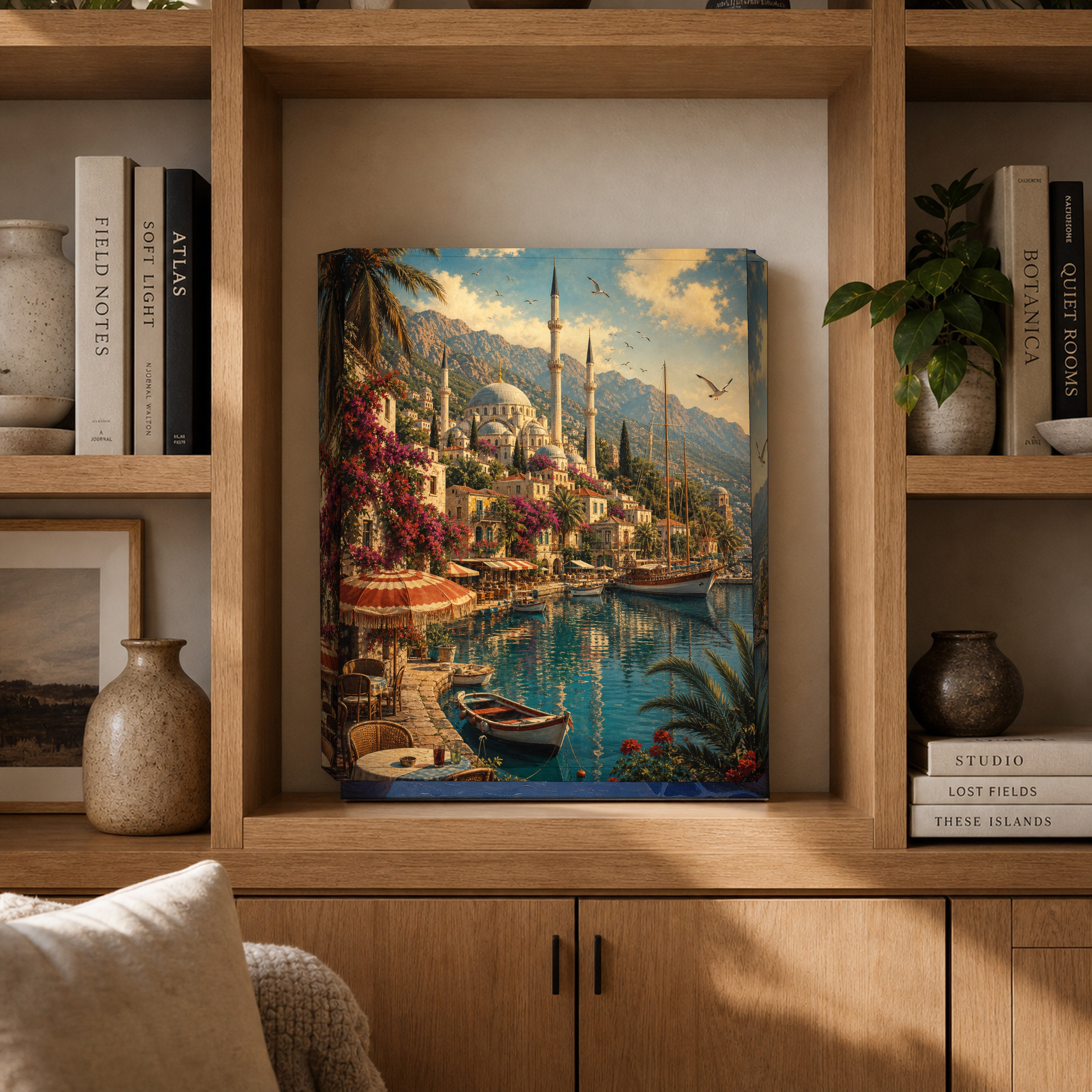 Bodrum Sunlit Garden Marina canvas gallery shelf mockup by Seji Art