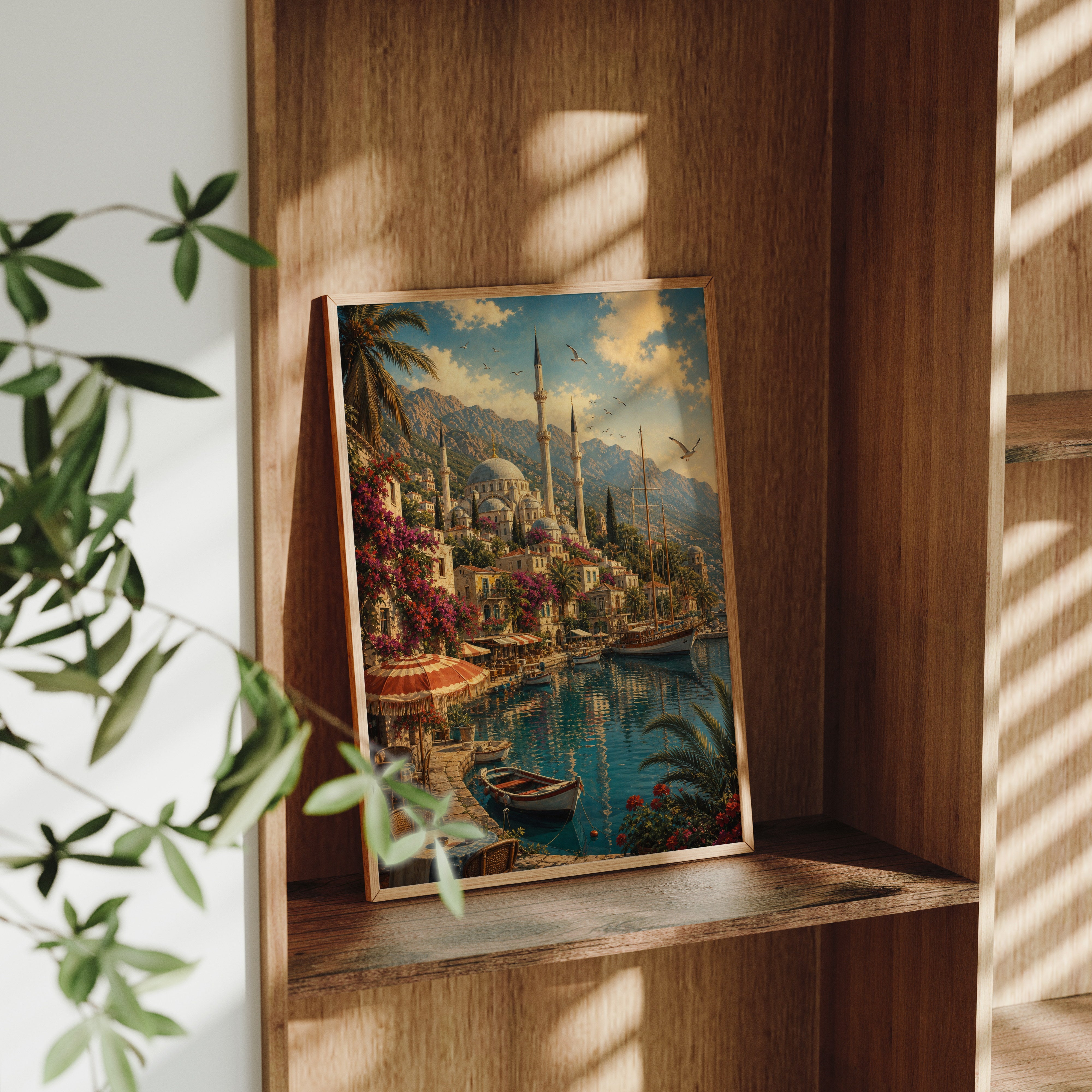 Bodrum Sunlit Garden Marina poster framed room mockup by Seji Art