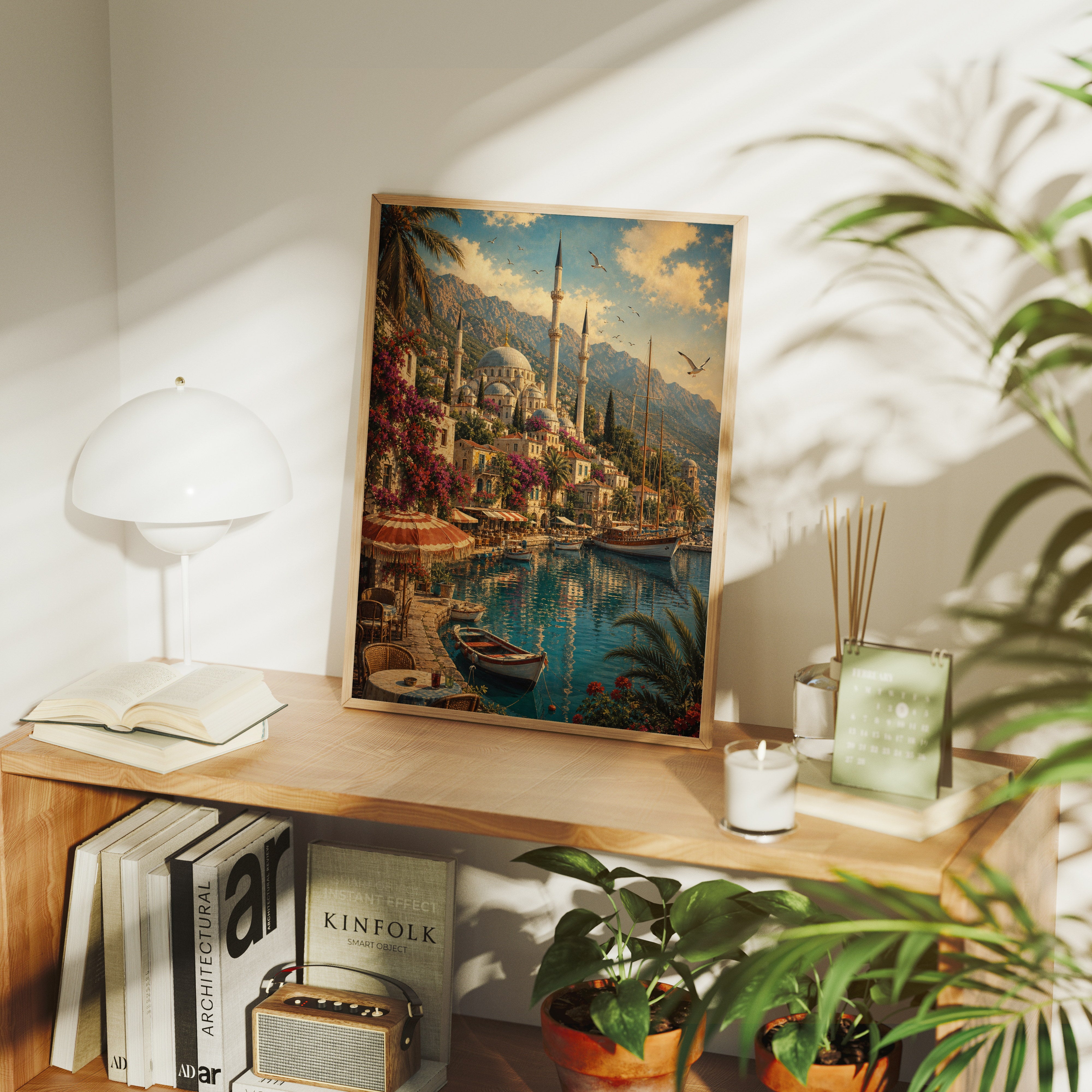 Bodrum Sunlit Garden Marina poster gallery shelf mockup by Seji Art