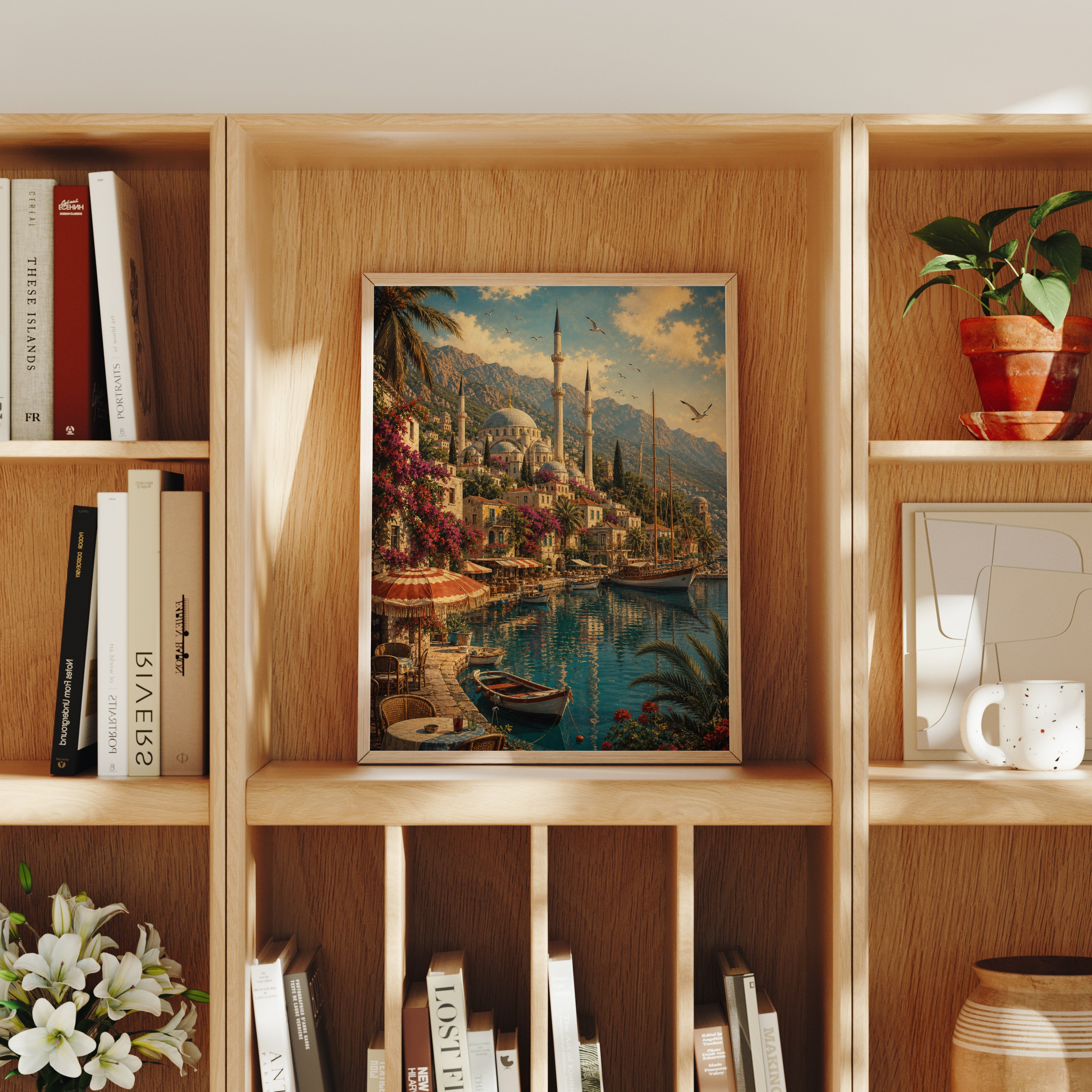 Bodrum Sunlit Garden Marina poster home decor mockup by Seji Art