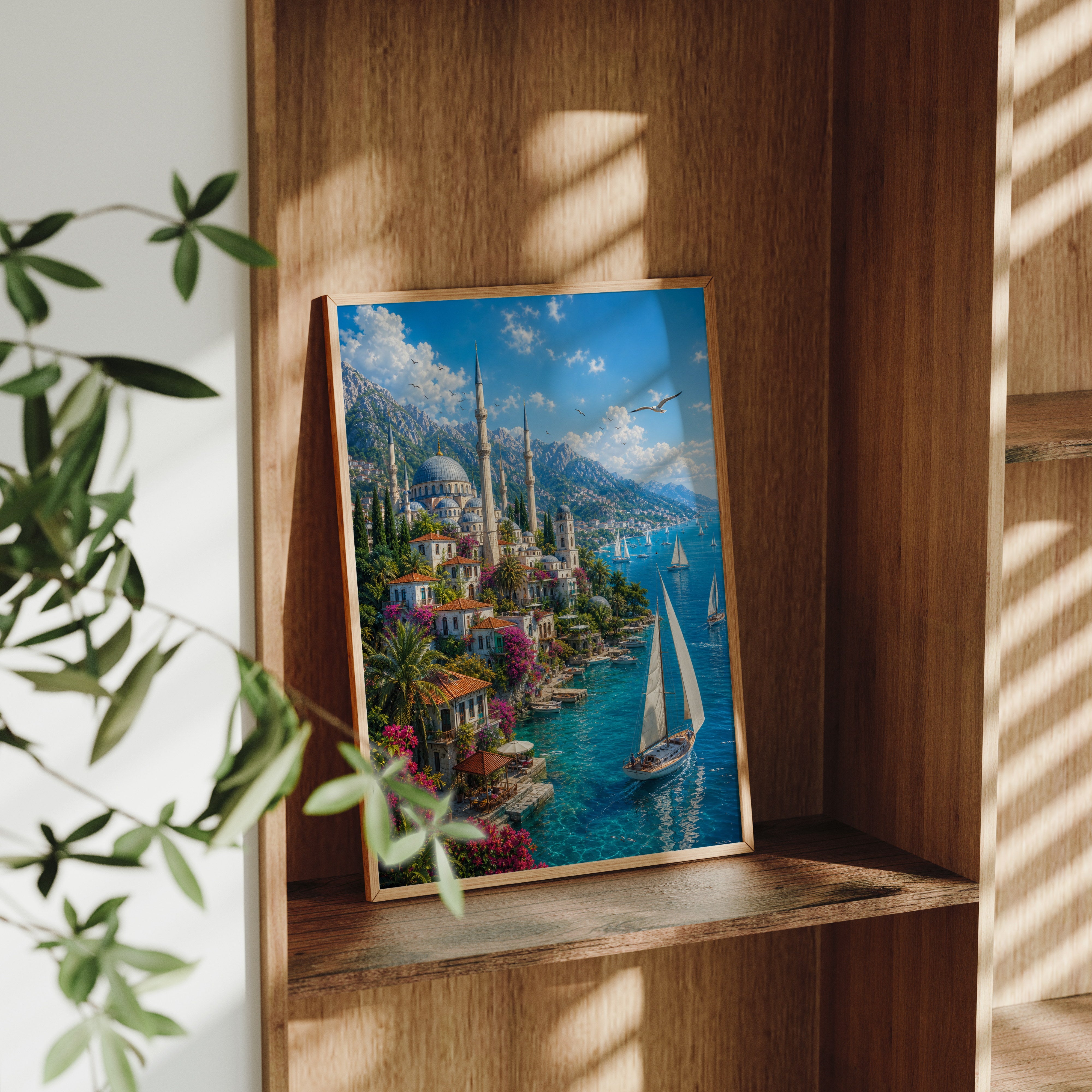 Bodrum Sunny Sailing Cove poster framed room mockup by Seji Art