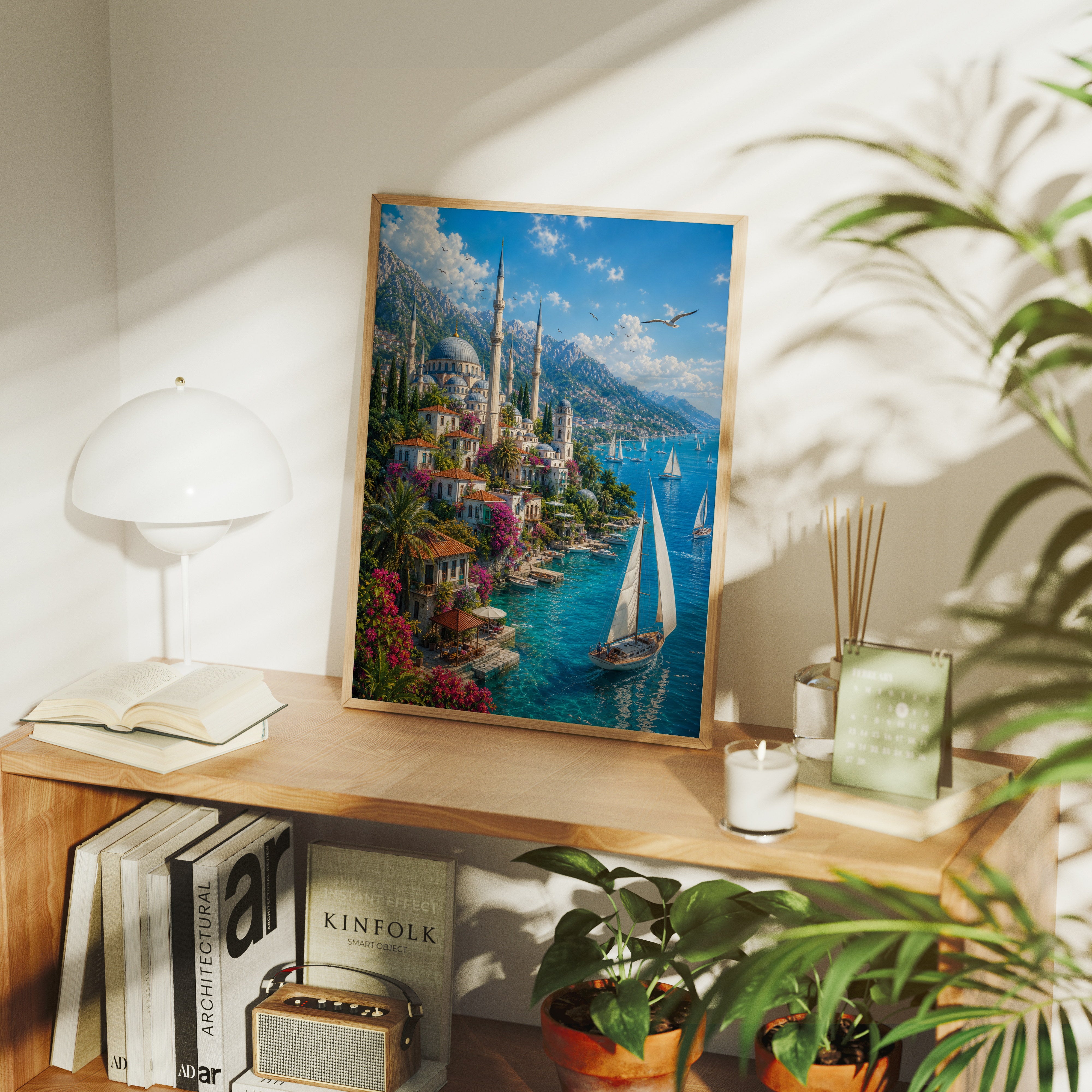 Bodrum Sunny Sailing Cove poster gallery shelf mockup by Seji Art