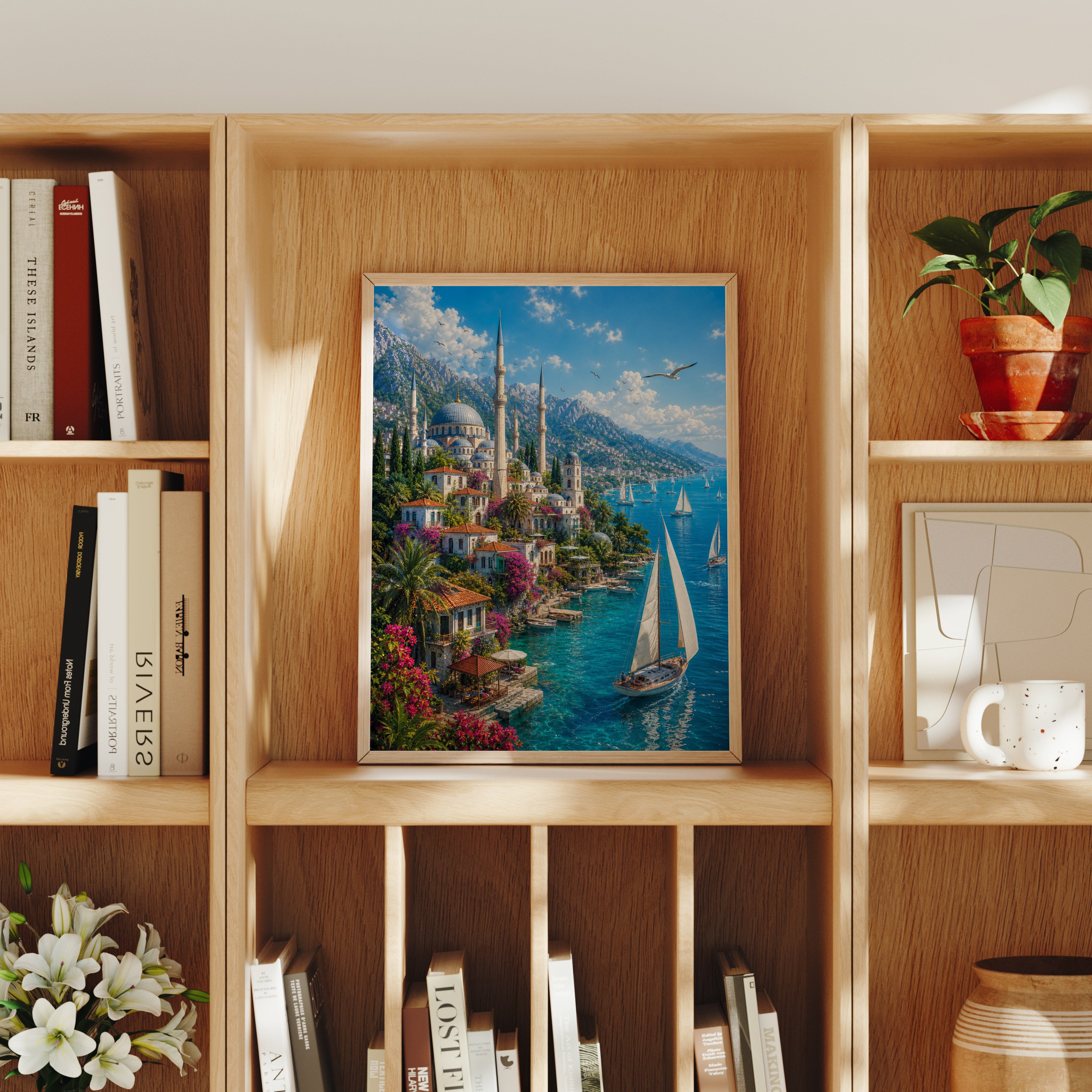 Bodrum Sunny Sailing Cove poster home decor mockup by Seji Art