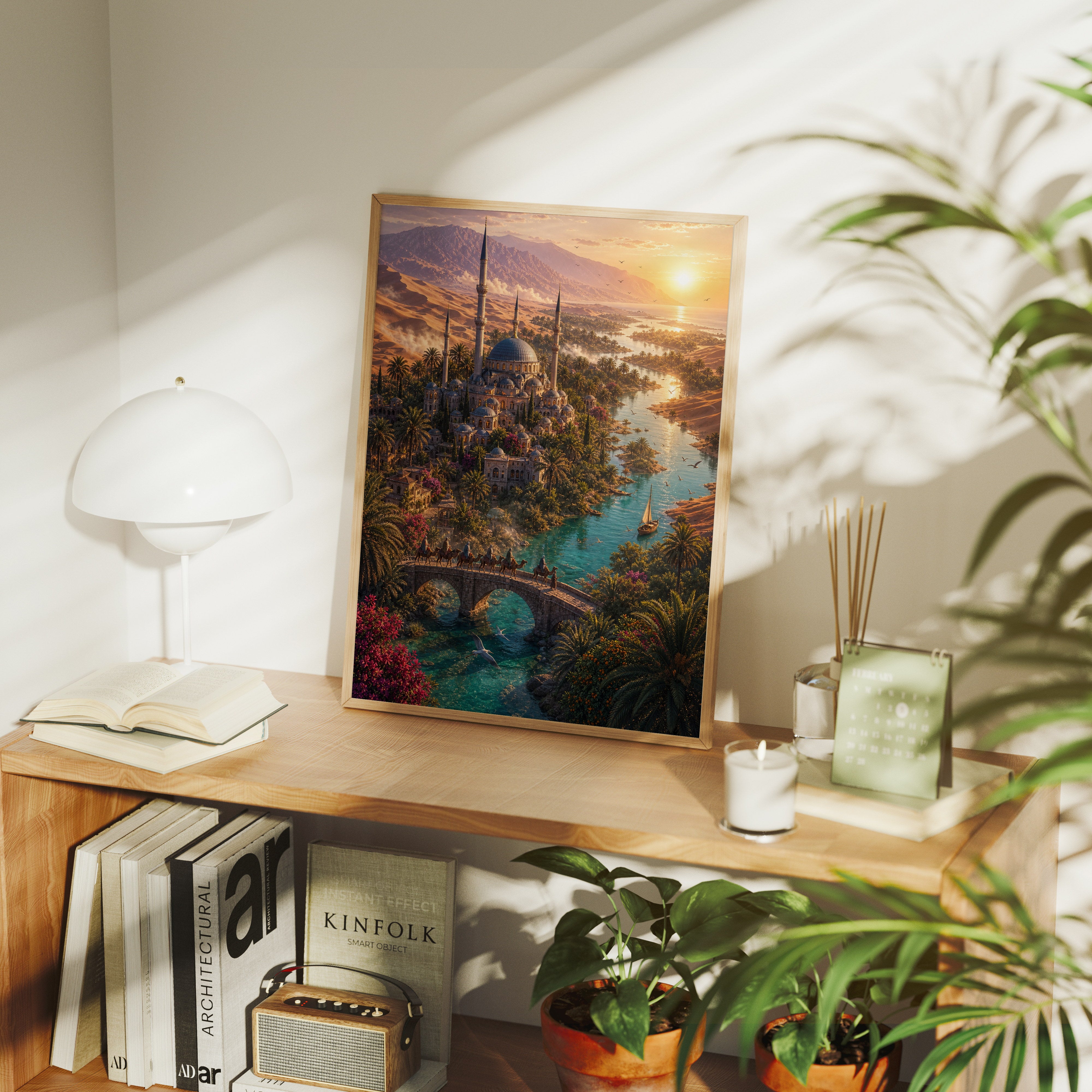 Bodrum Sunset Island Garden poster gallery shelf mockup by Seji Art