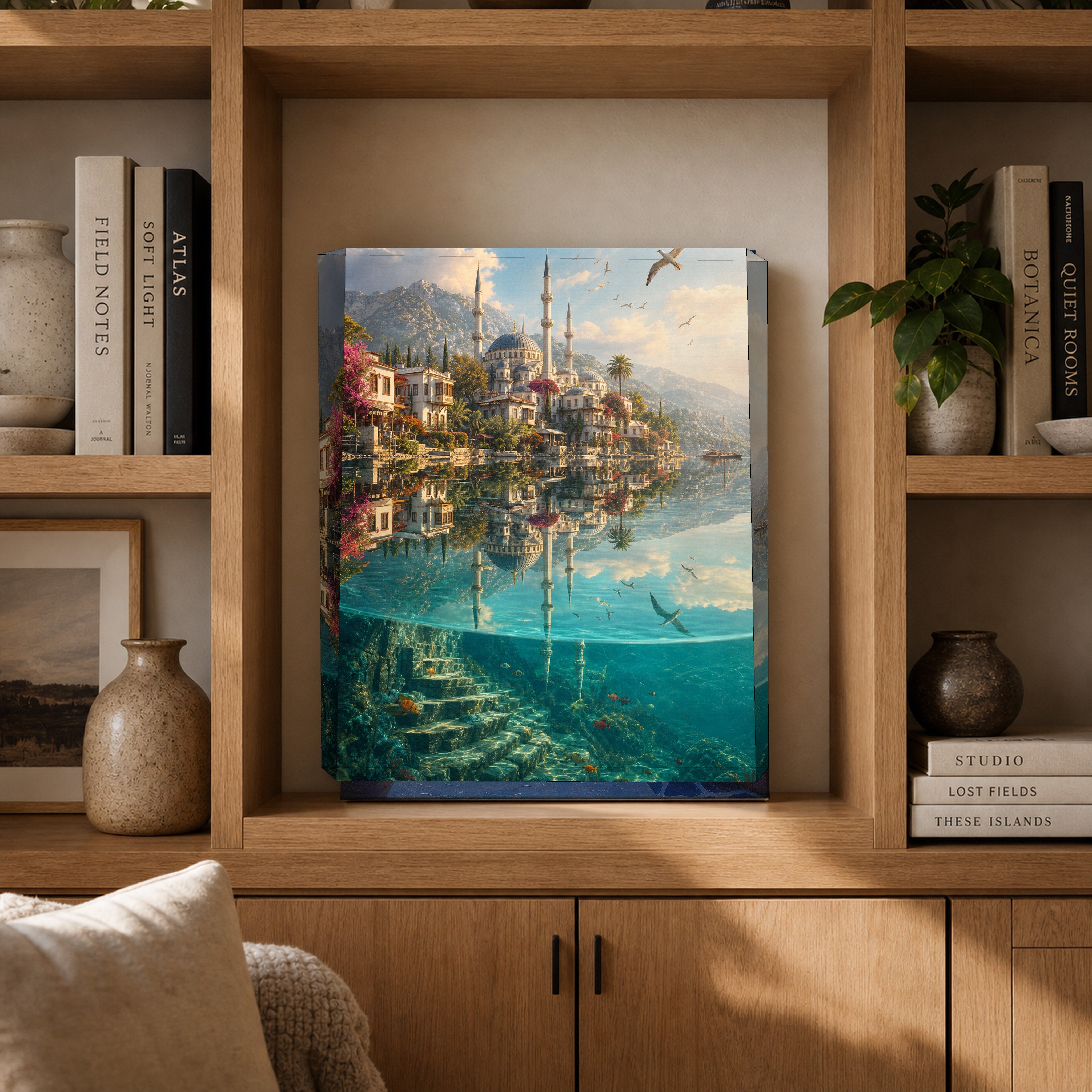 Bodrum Turquoise Cove Mosque canvas gallery shelf mockup by Seji Art