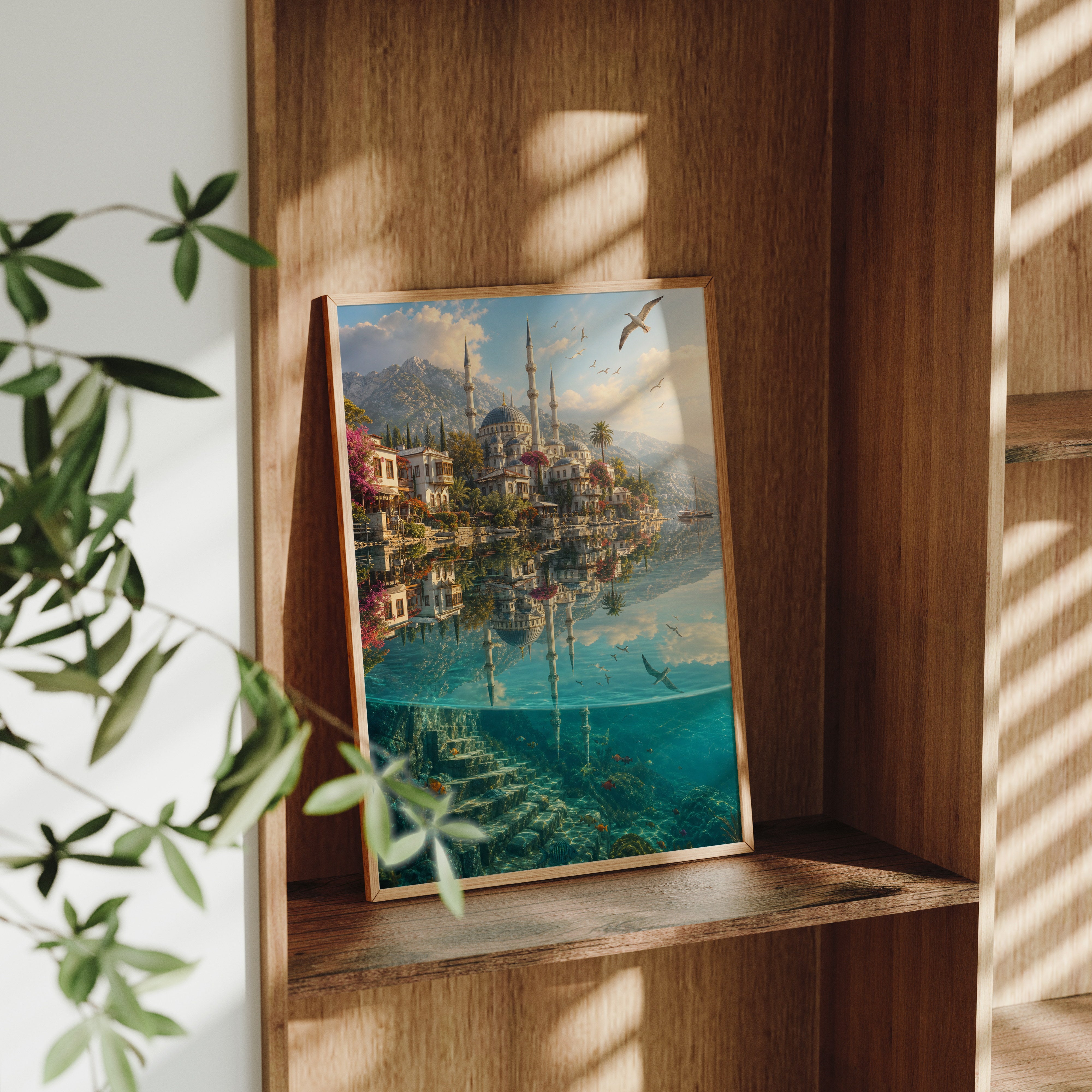 Bodrum Turquoise Cove Mosque poster framed room mockup by Seji Art