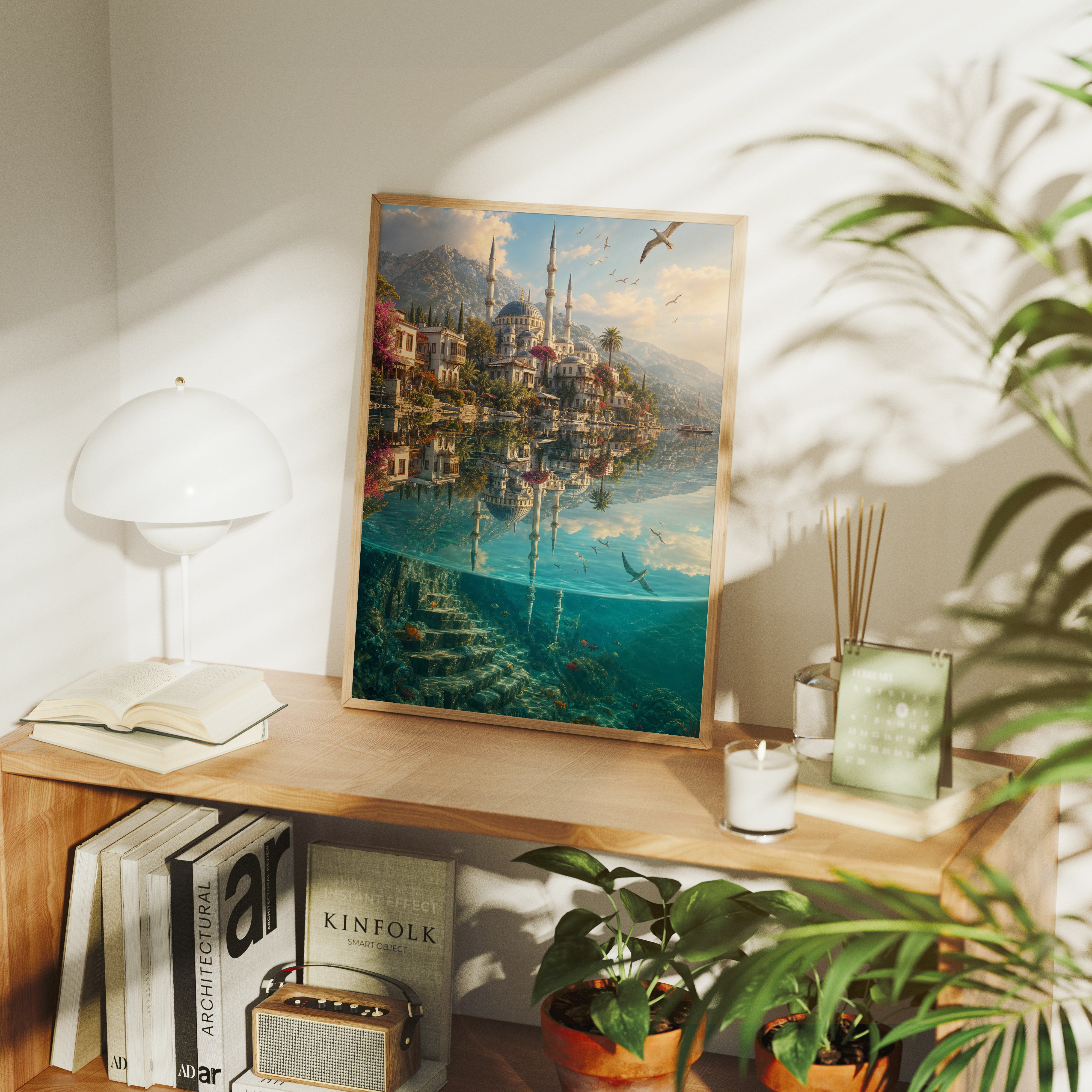 Bodrum Turquoise Cove Mosque poster gallery shelf mockup by Seji Art