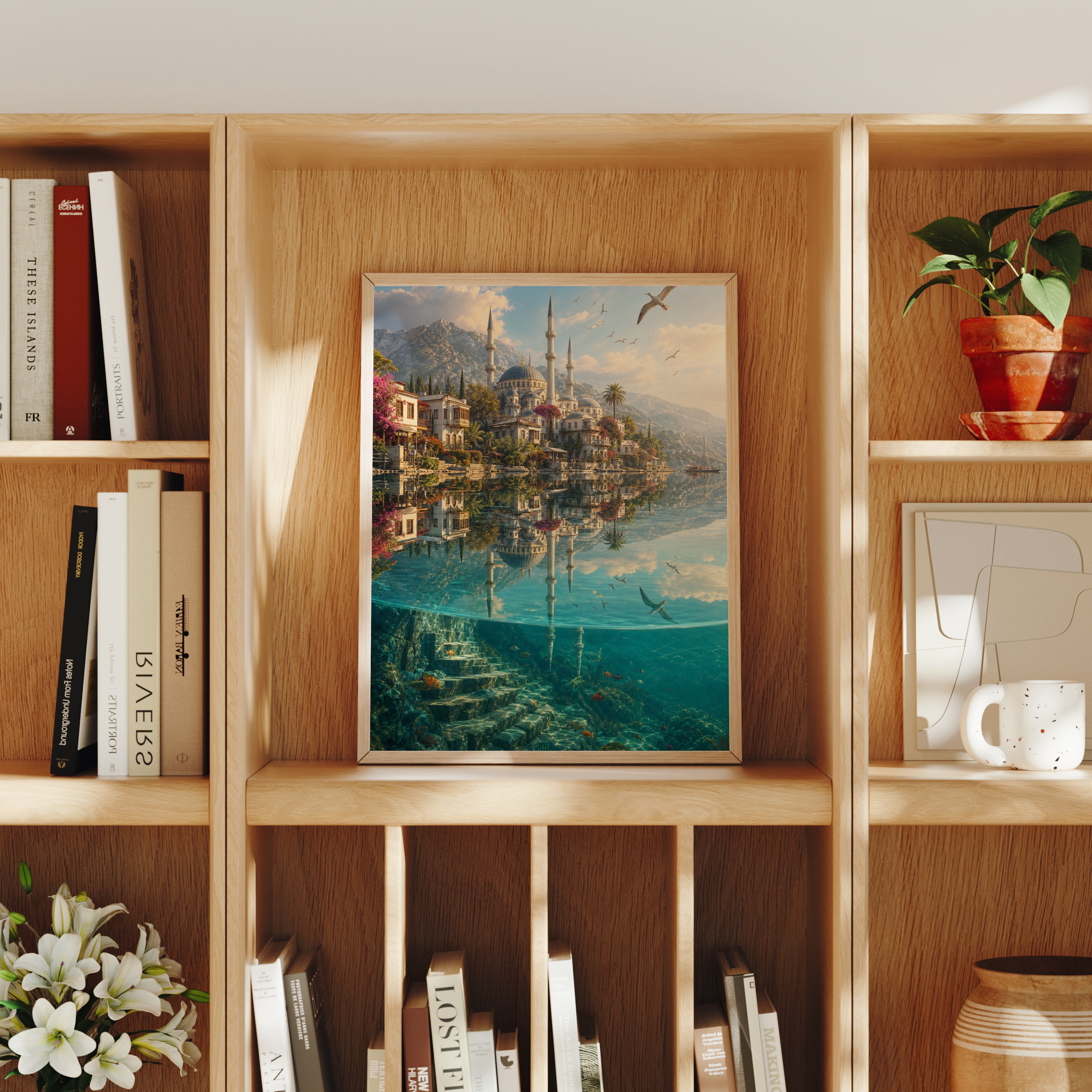 Bodrum Turquoise Cove Mosque poster home decor mockup by Seji Art