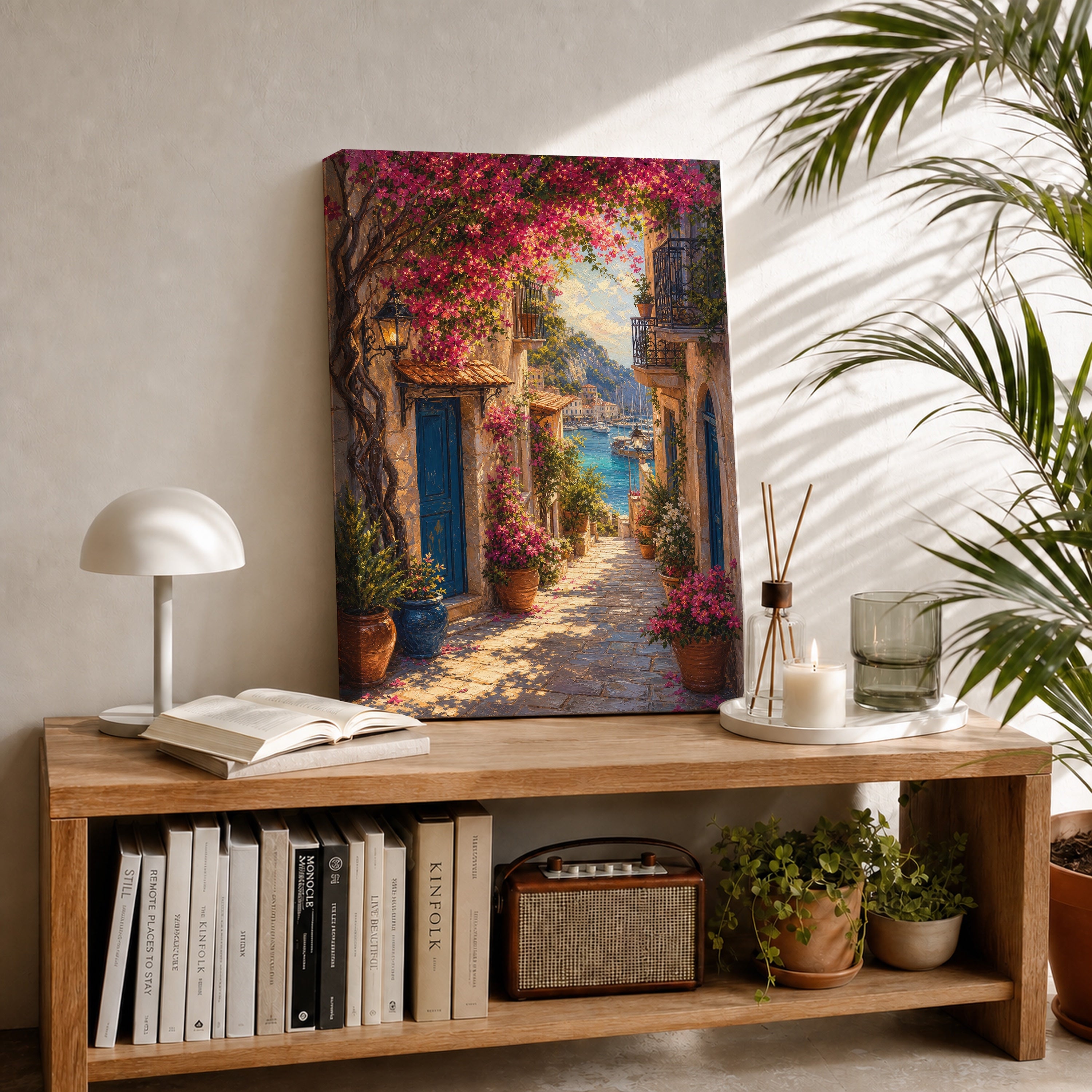 Bougainvillea Mediterranean Alley canvas room mockup by Seji Art