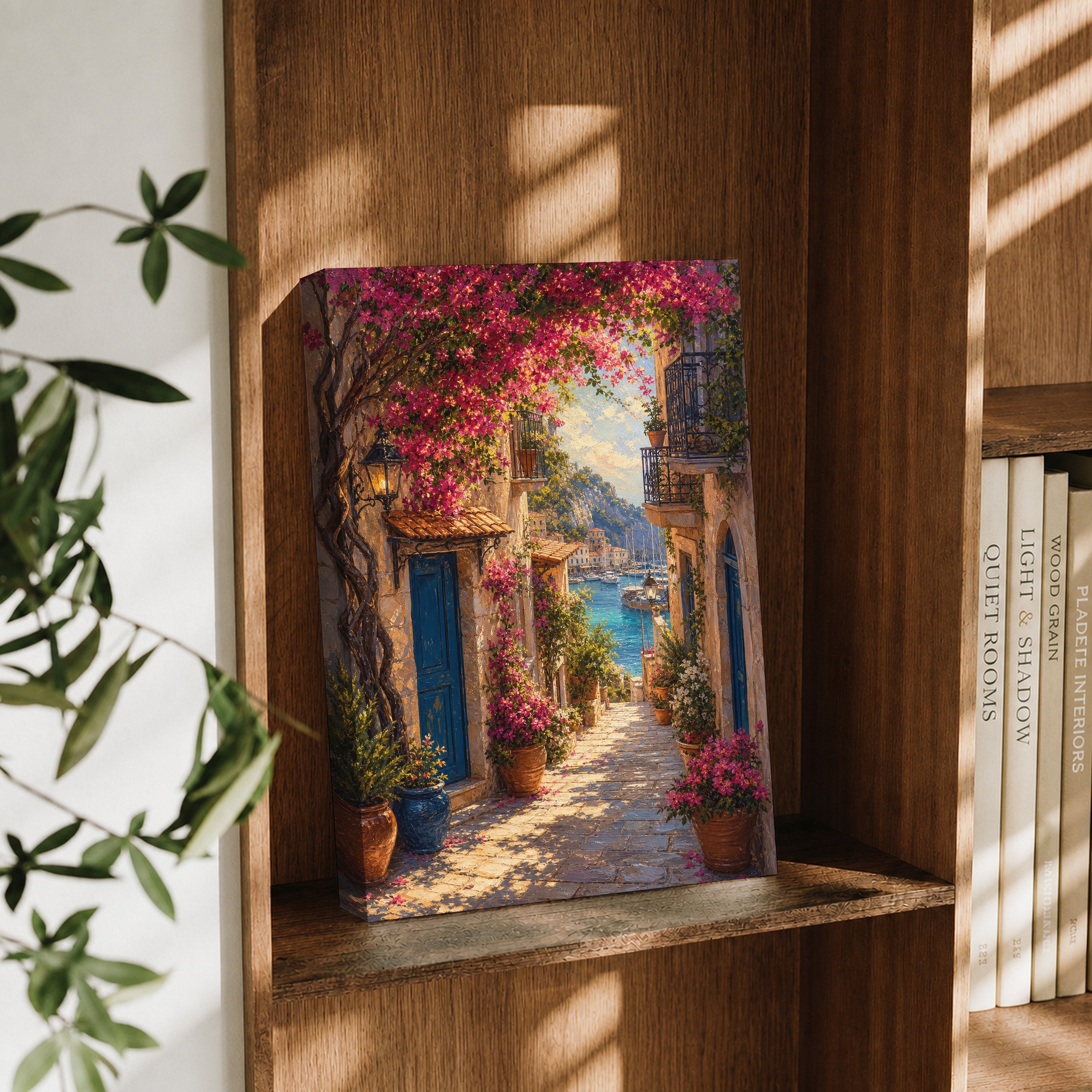 Bougainvillea Mediterranean Alley canvas wall art decor mockup by Seji Art
