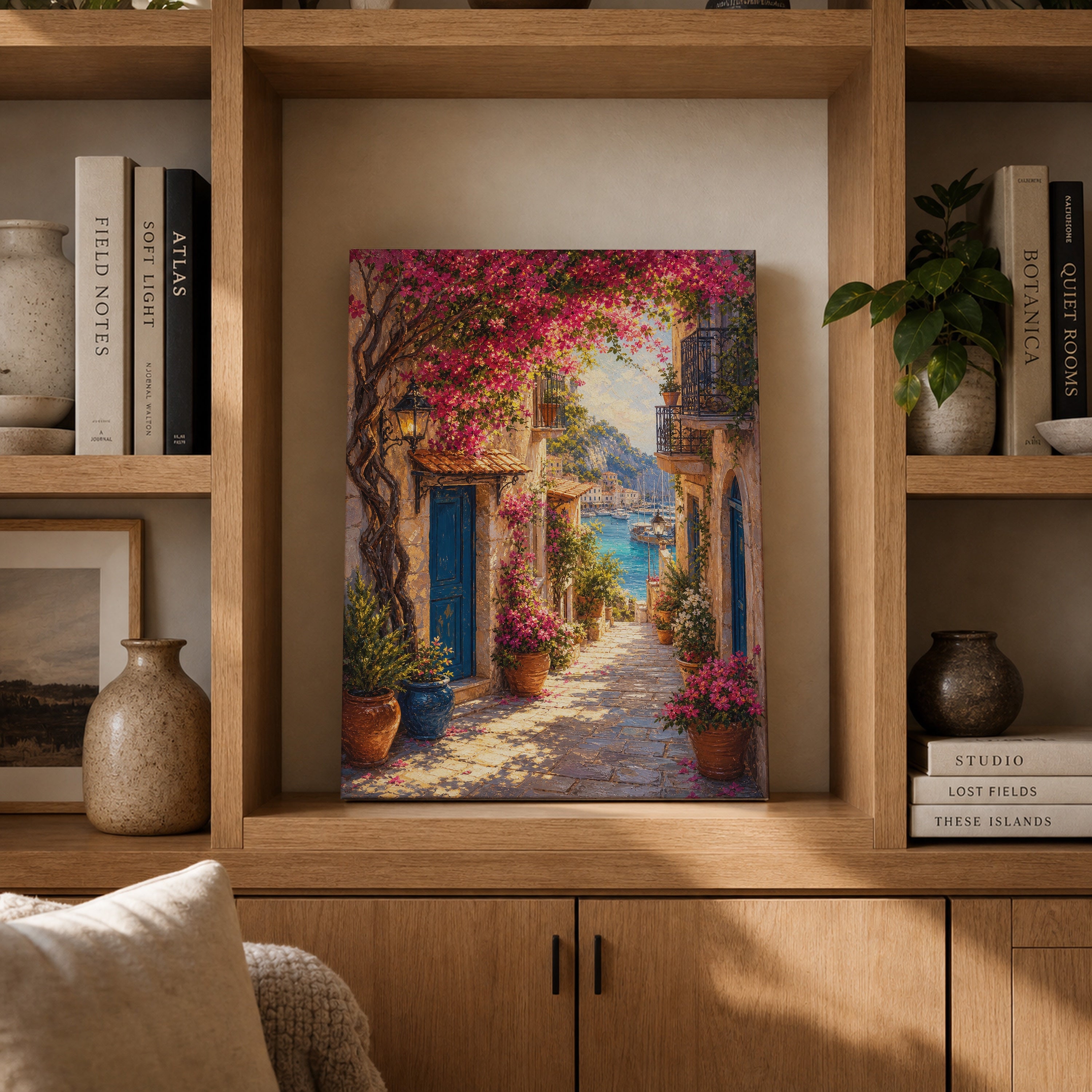 Bougainvillea Mediterranean Alley canvas gallery shelf mockup by Seji Art