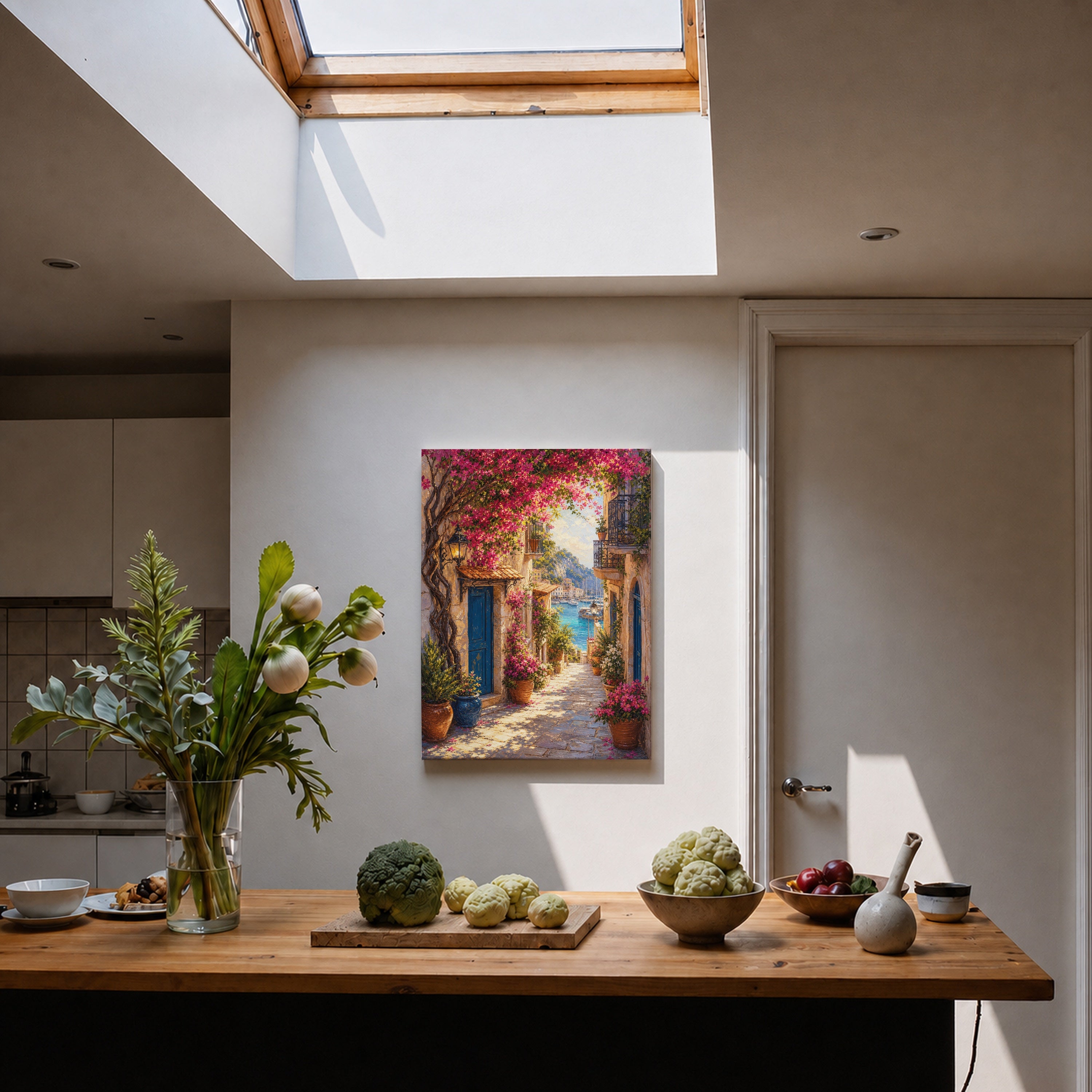 Bougainvillea Mediterranean Alley canvas home decor mockup by Seji Art