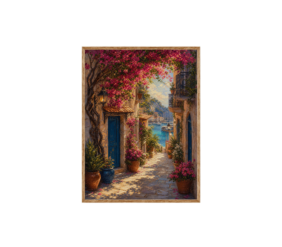 Bougainvillea Mediterranean Alley poster print preview by Seji Art