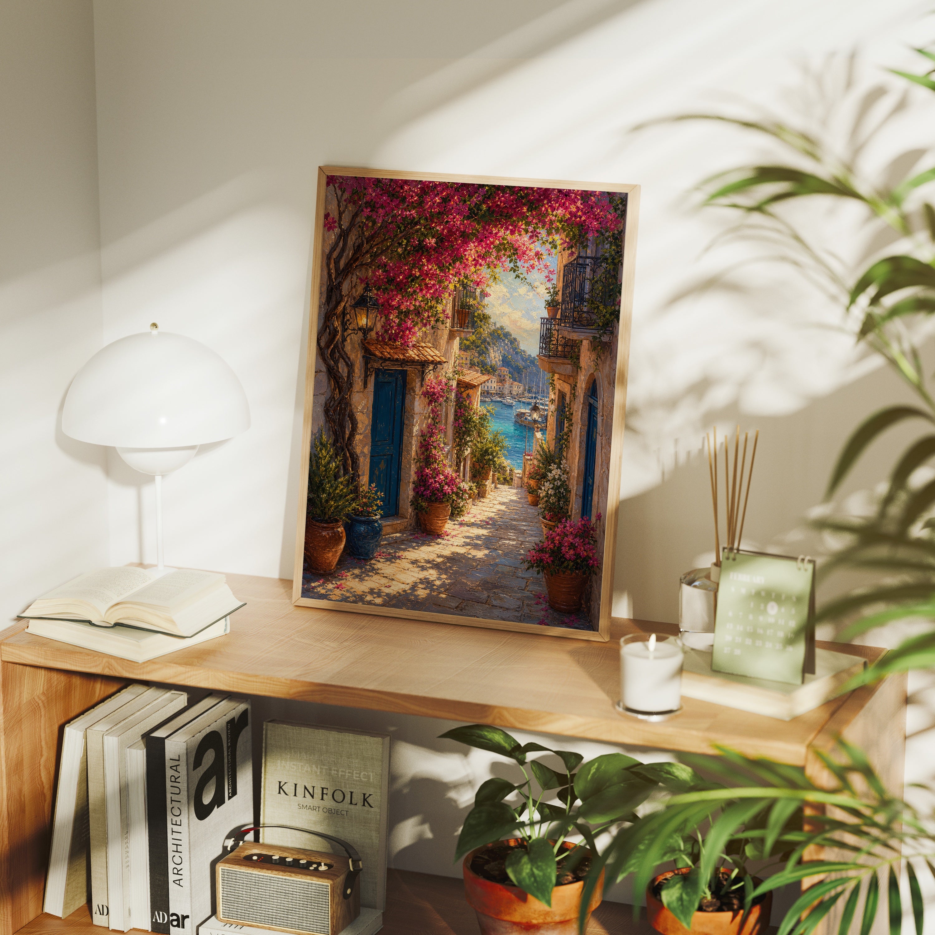 Bougainvillea Mediterranean Alley poster framed room mockup by Seji Art
