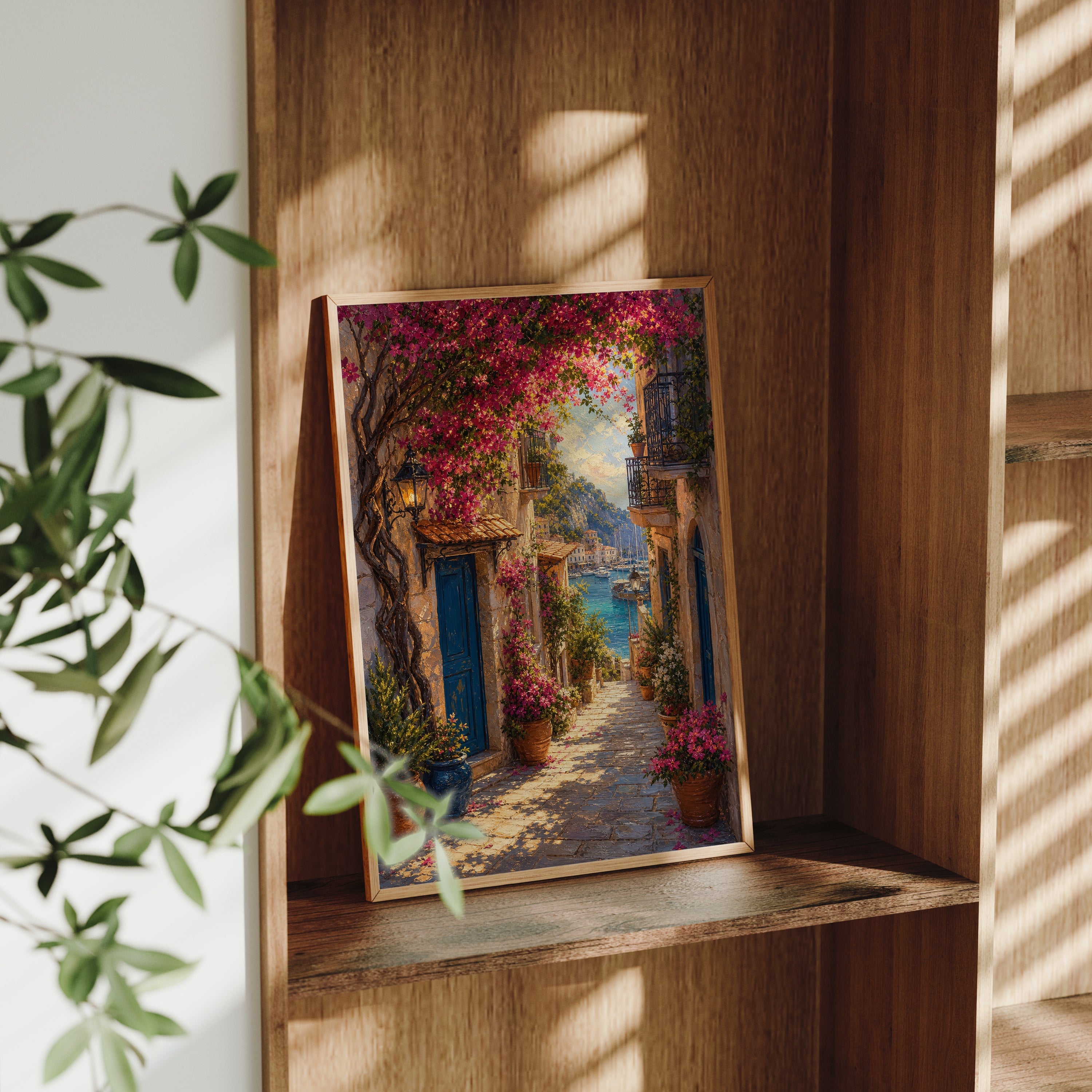Bougainvillea Mediterranean Alley poster gallery shelf mockup by Seji Art
