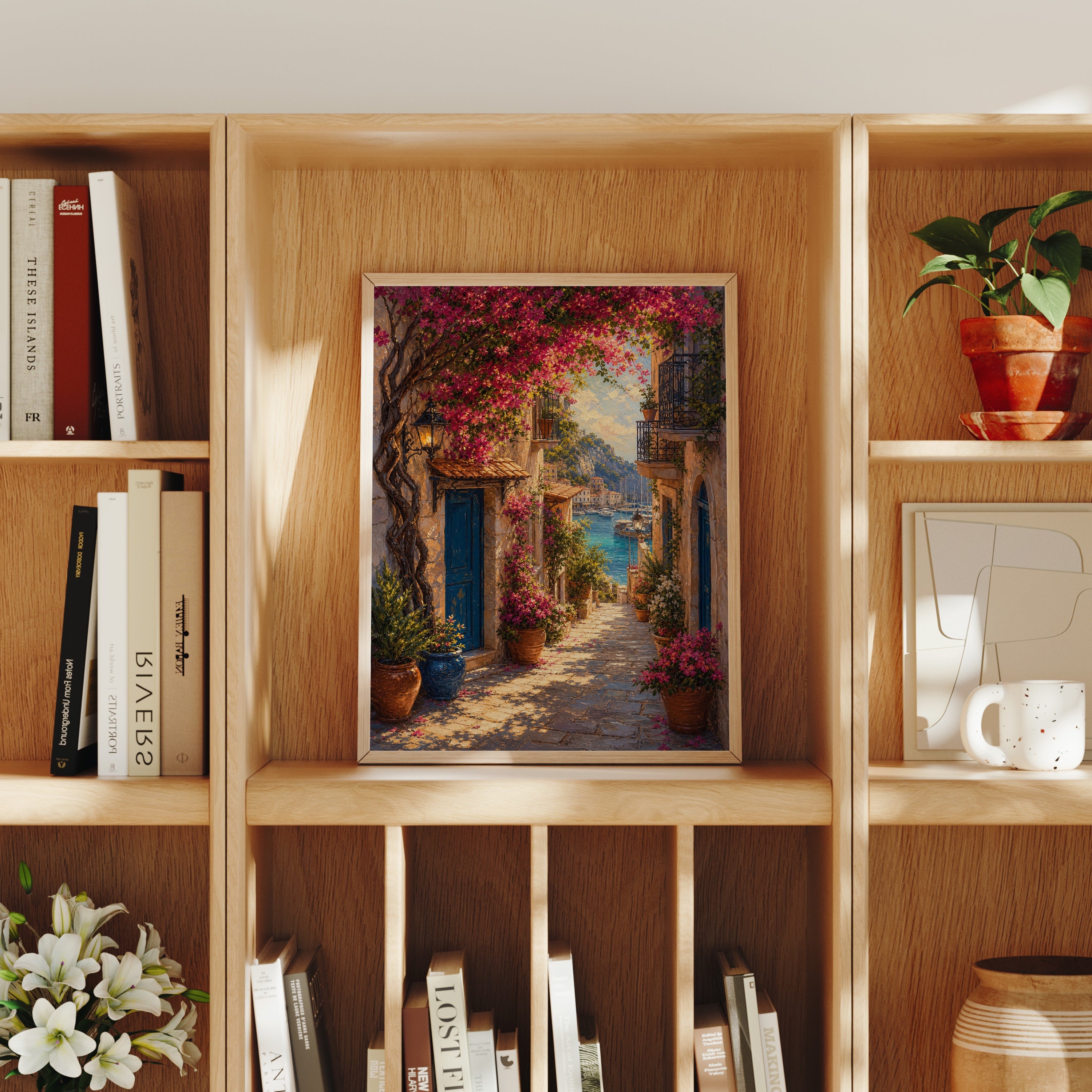 Bougainvillea Mediterranean Alley poster home decor mockup by Seji Art