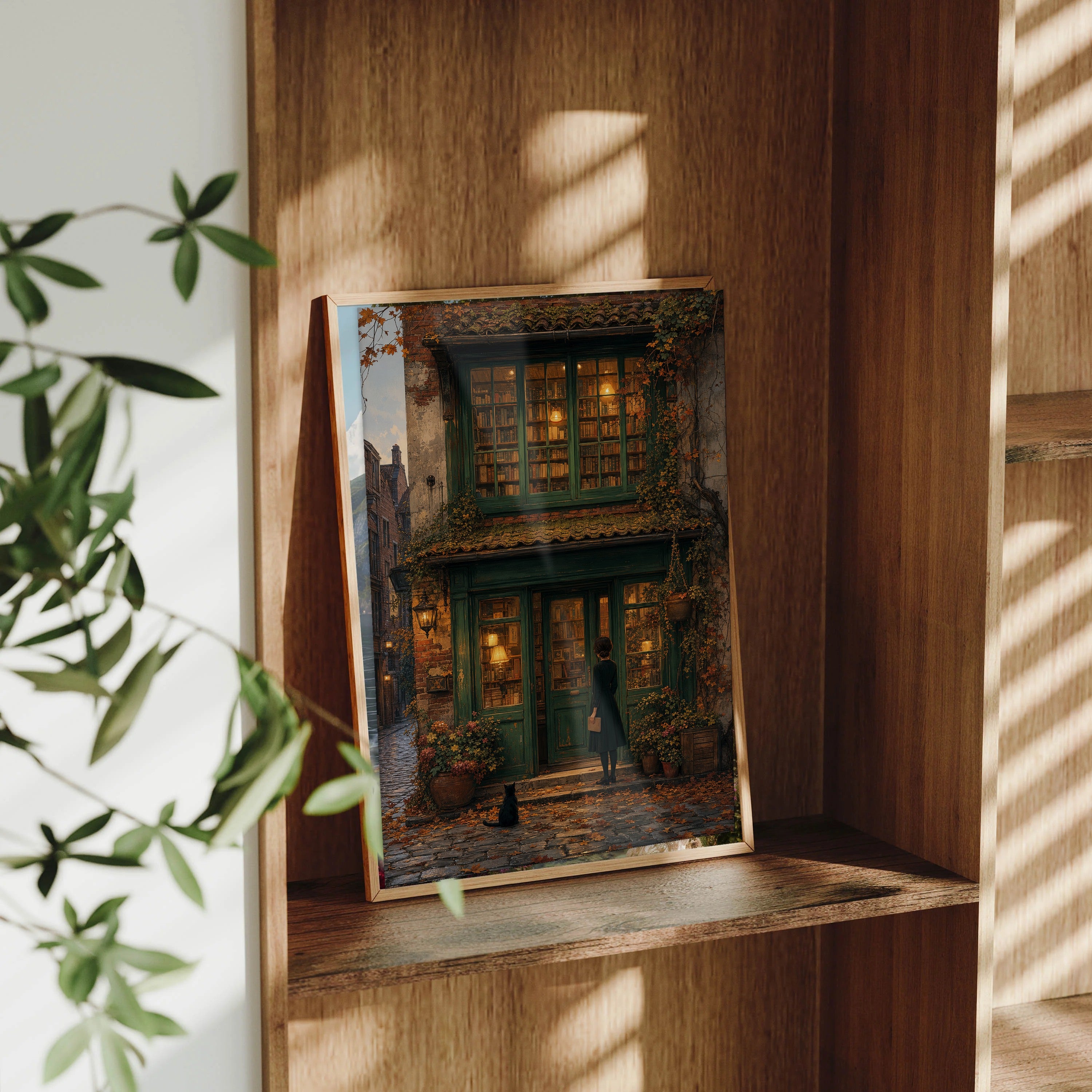 Bruges Autumn Bookshop Window framed wall art print mockup by Seji Art