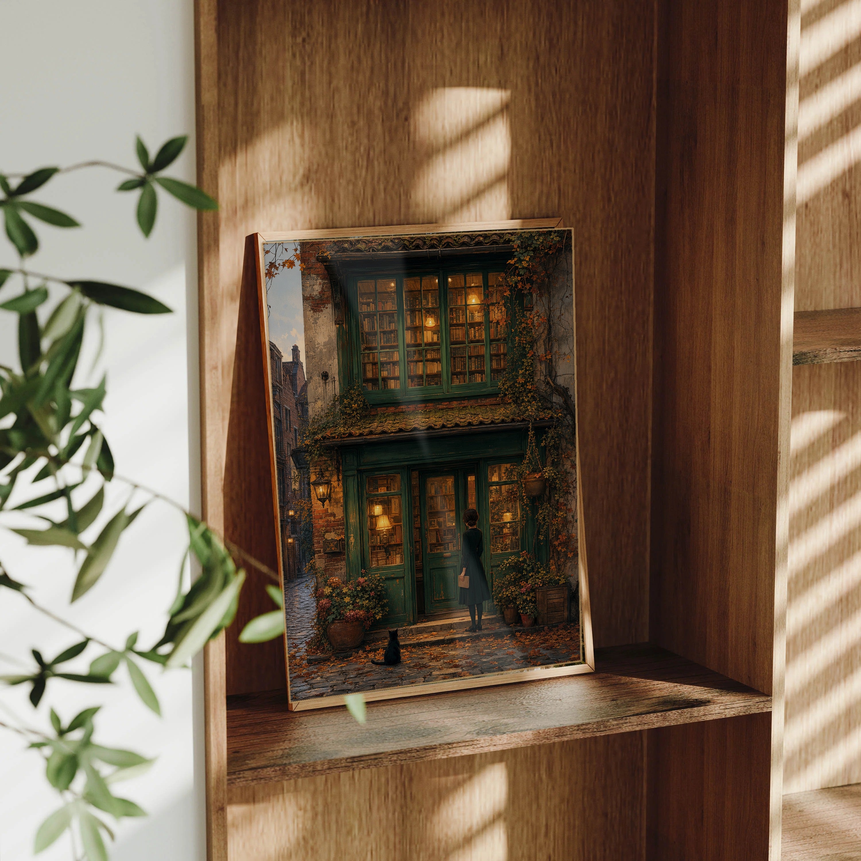 Bruges Autumn Bookshop Window framed wall art print mockup by Seji Art