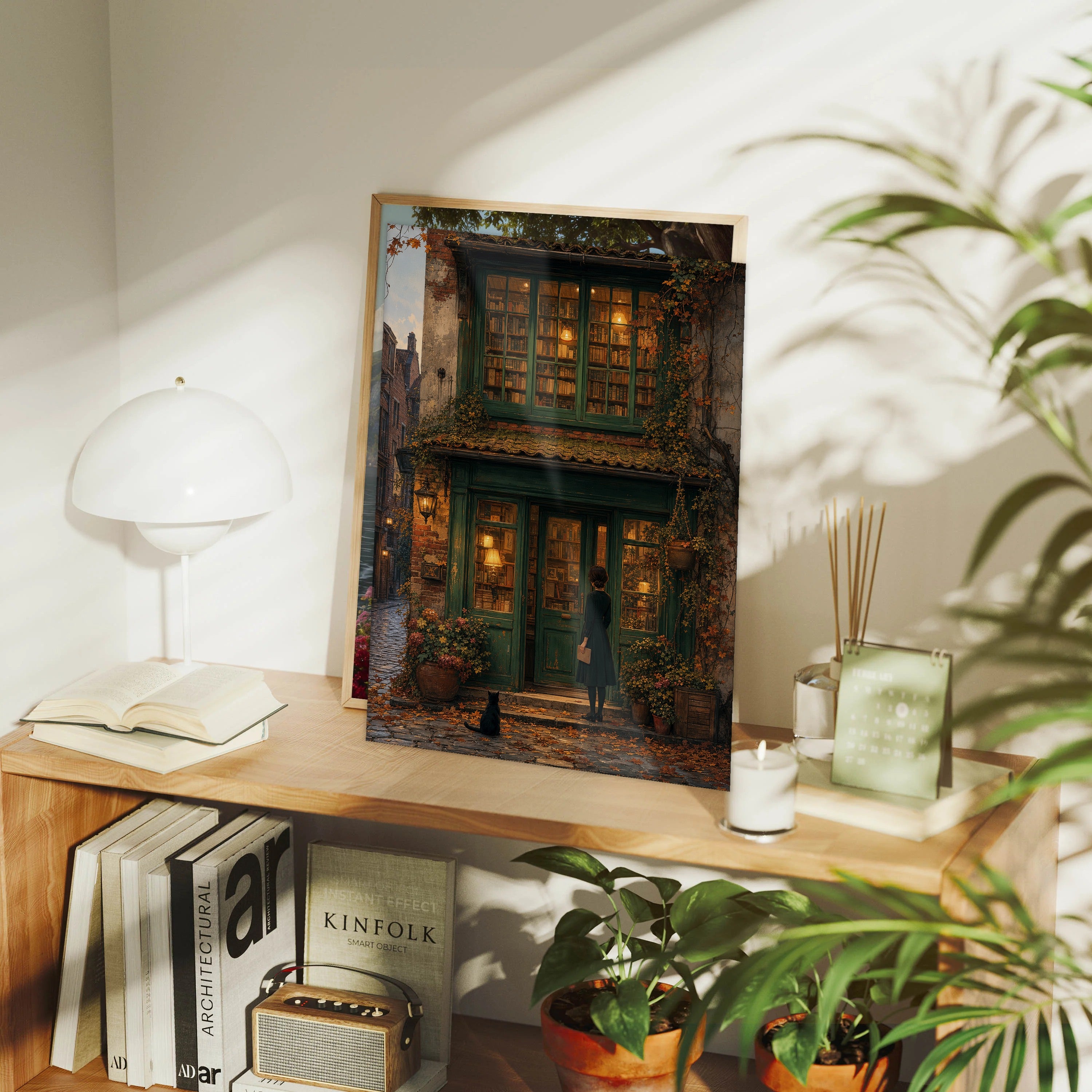 Bruges Autumn Bookshop Window framed wall art print mockup by Seji Art