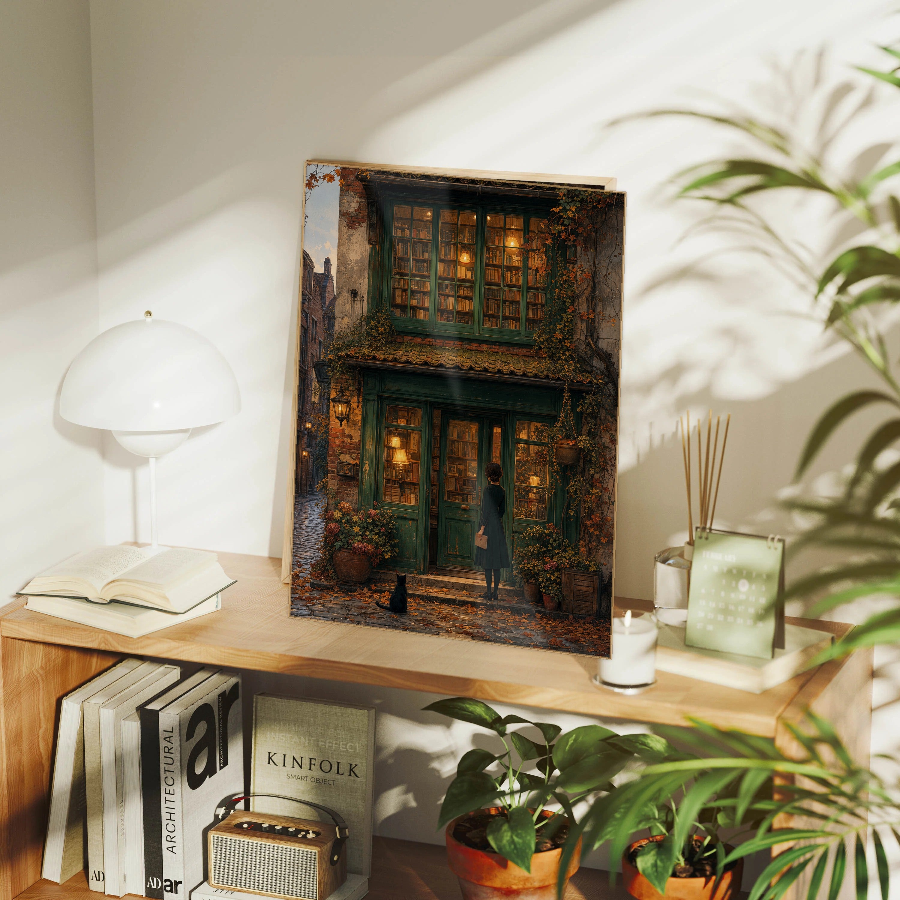 Bruges Autumn Bookshop Window framed wall art print mockup by Seji Art