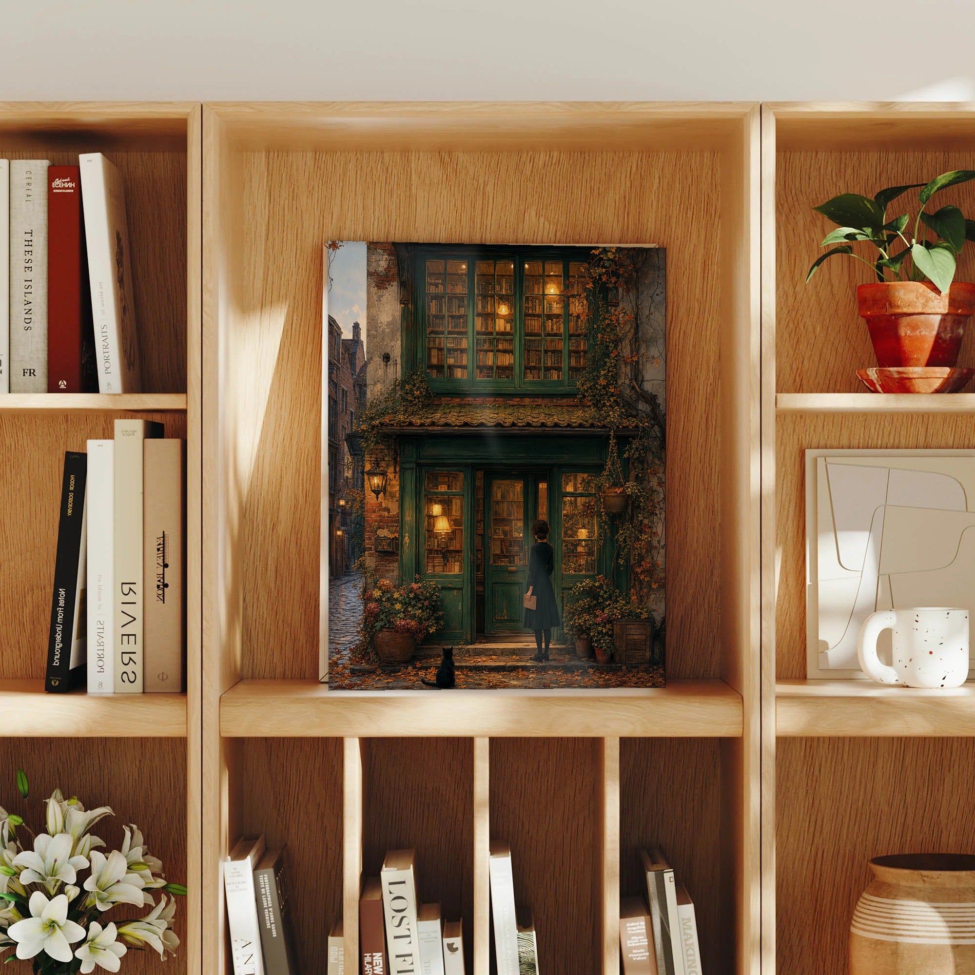 Bruges Autumn Bookshop Window framed wall art print mockup by Seji Art
