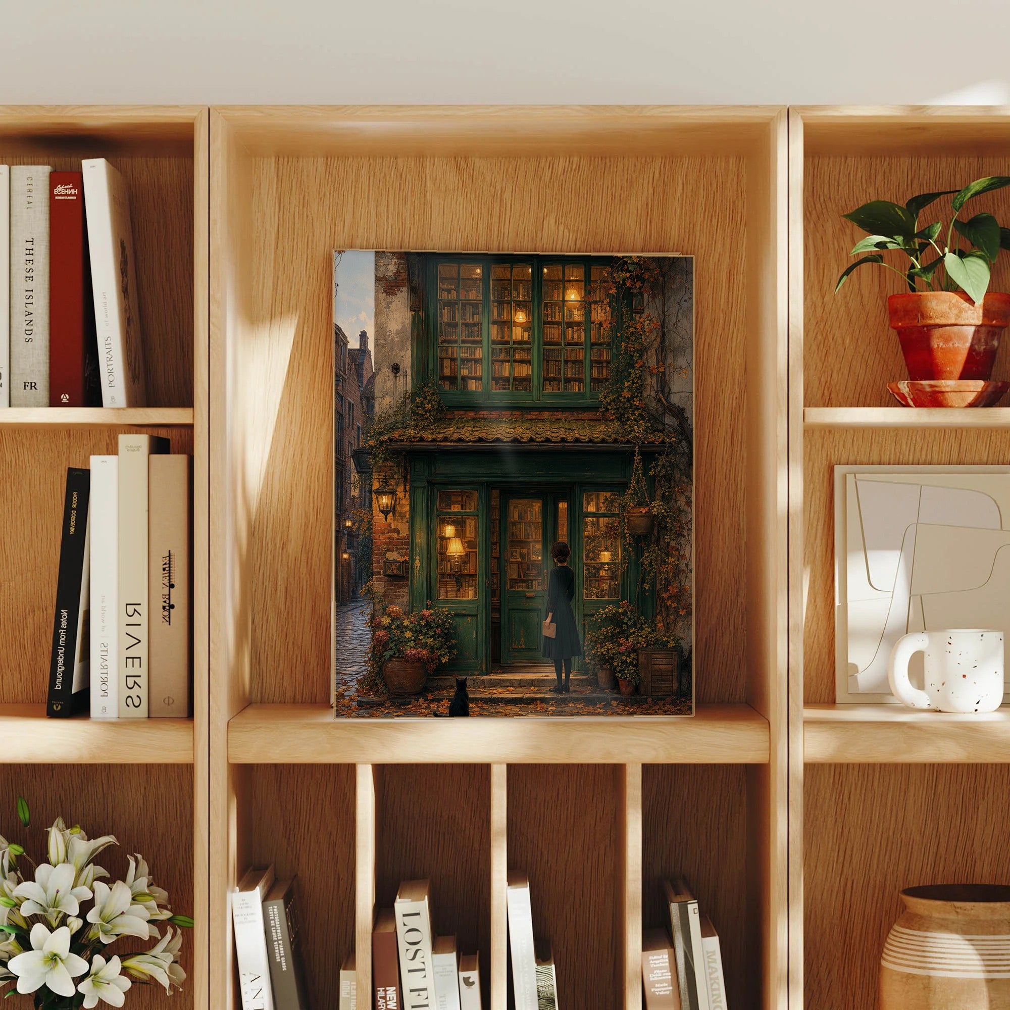 Bruges Autumn Bookshop Window framed wall art print mockup by Seji Art
