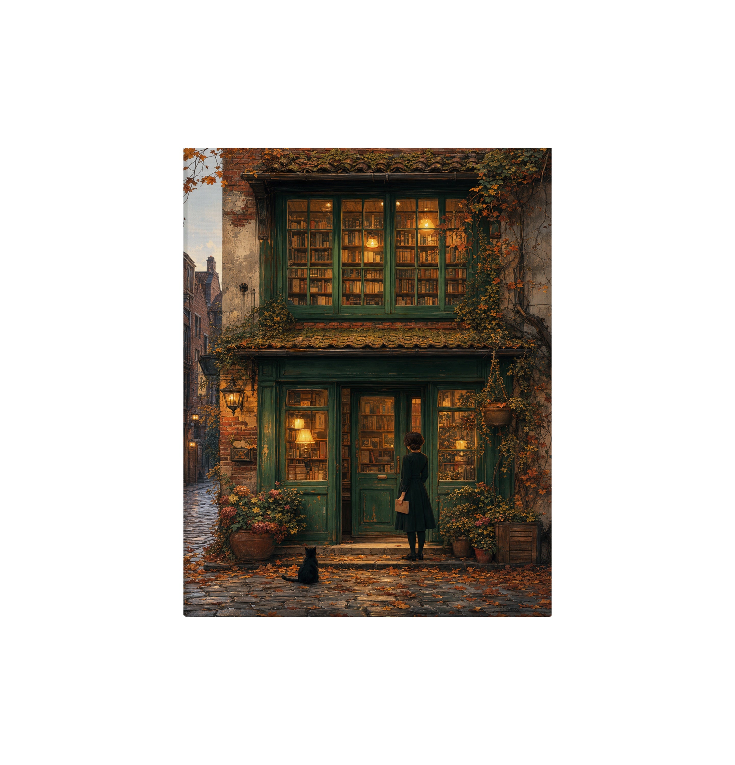 Bruges Autumn Bookstore canvas wall art preview by Seji Art