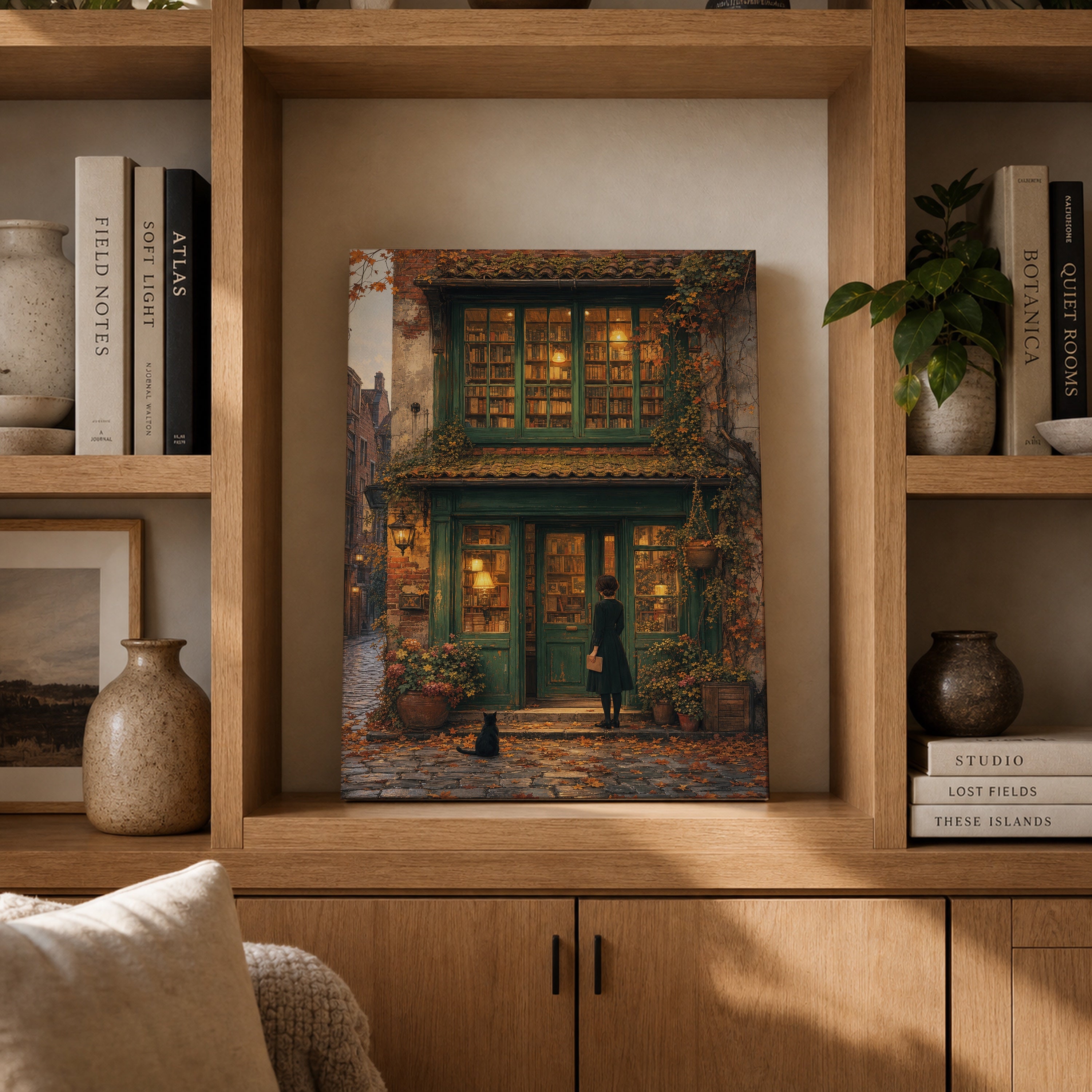 Bruges Autumn Bookstore canvas gallery shelf mockup by Seji Art
