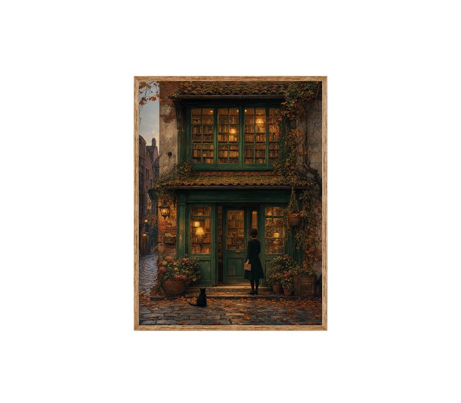 Bruges Autumn Bookstore poster print preview by Seji Art