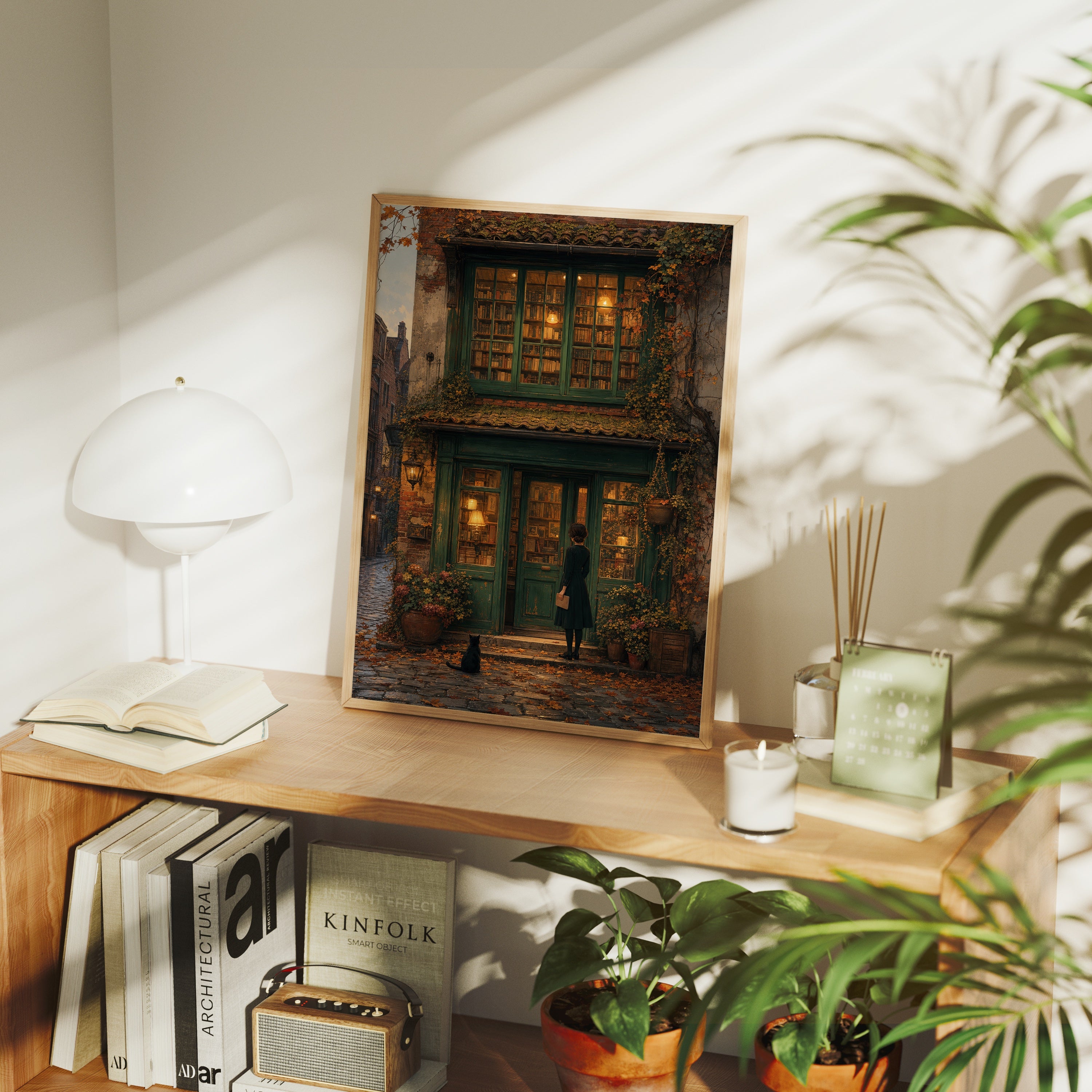Bruges Autumn Bookstore poster framed room mockup by Seji Art
