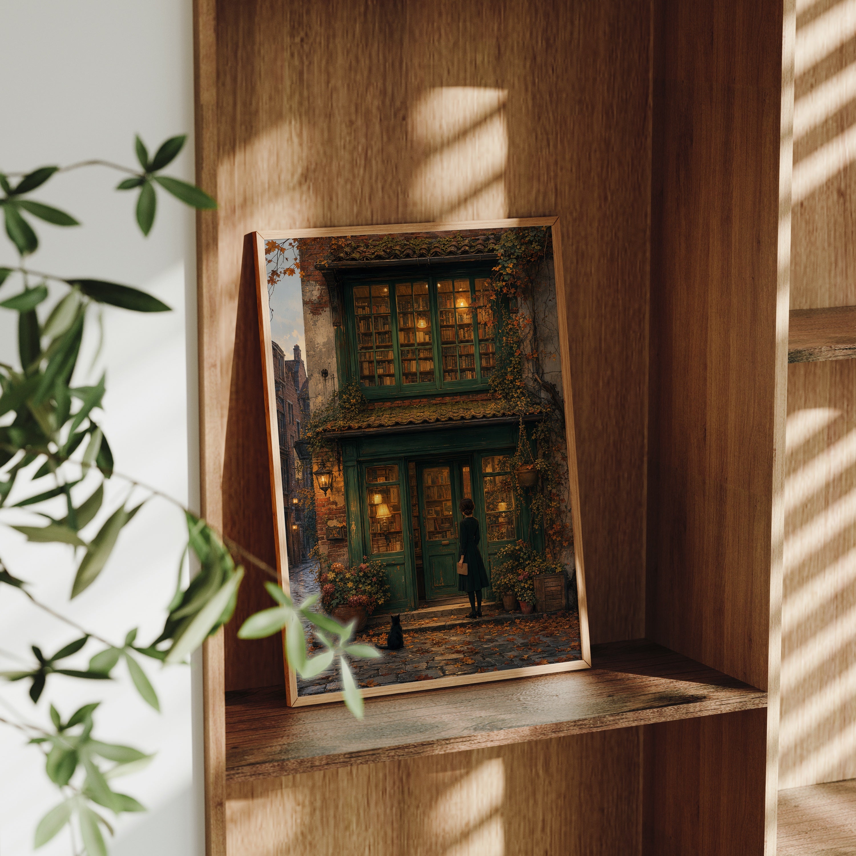 Bruges Autumn Bookstore poster gallery shelf mockup by Seji Art