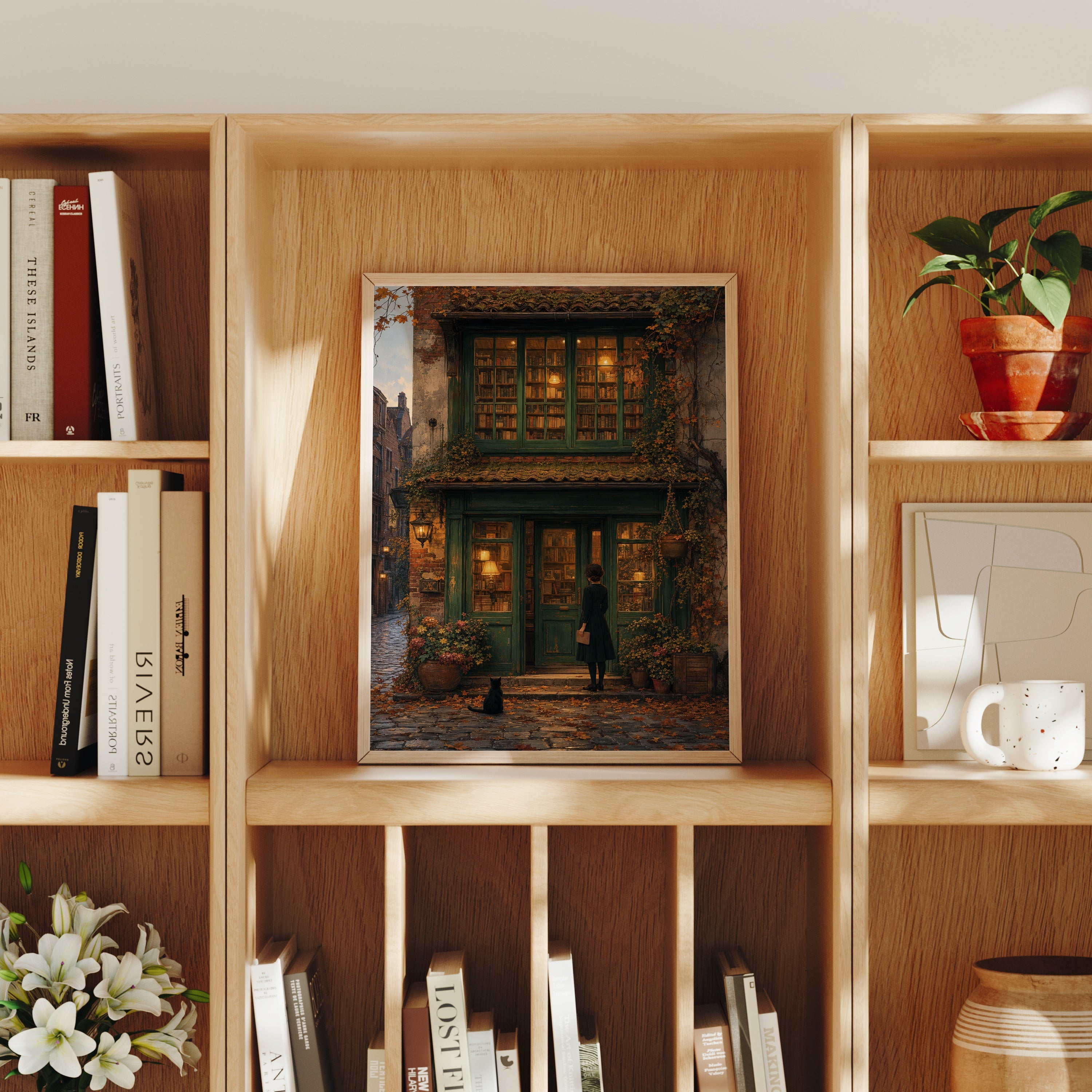 Bruges Autumn Bookstore poster home decor mockup by Seji Art