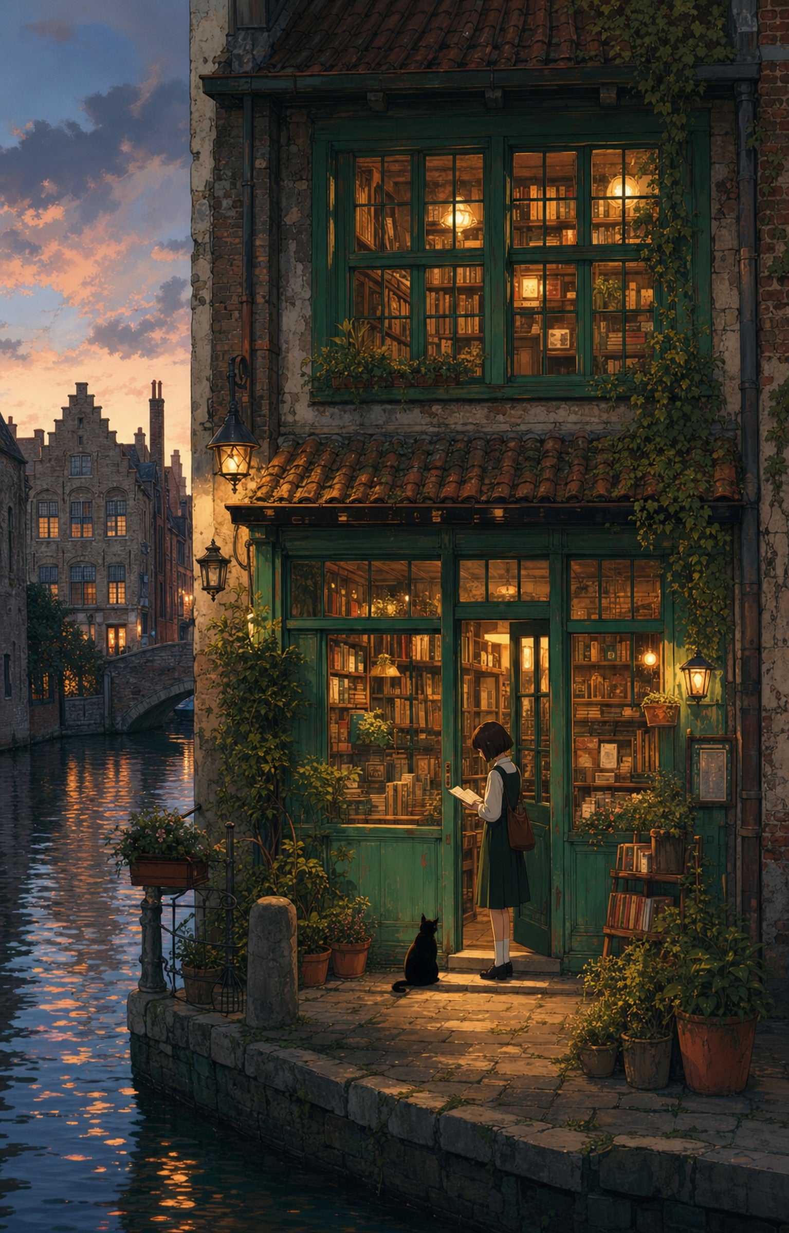 Bruges Canal Dusk Bookshop wall art print by Seji Art