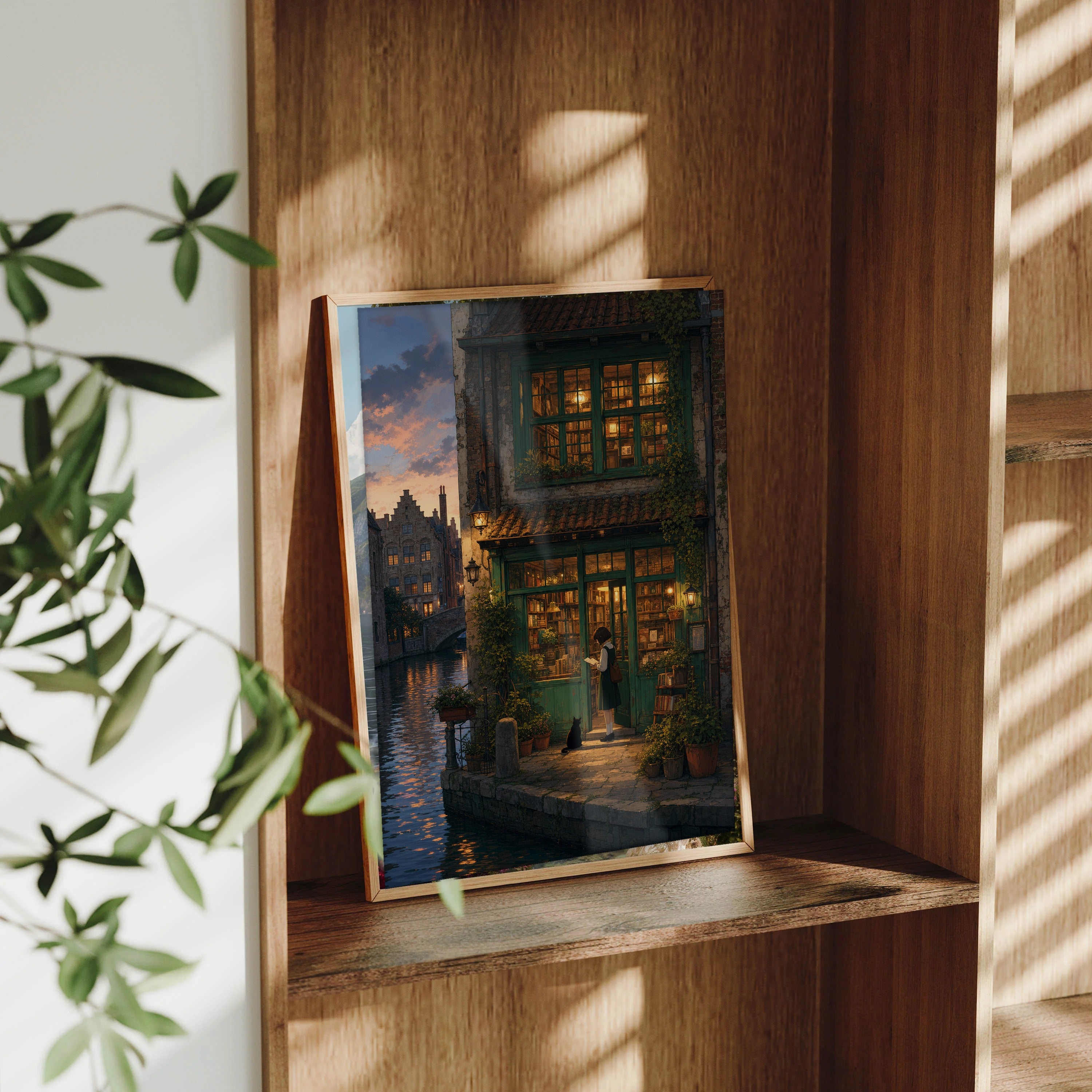 Bruges Canal Dusk Bookshop framed wall art print mockup by Seji Art