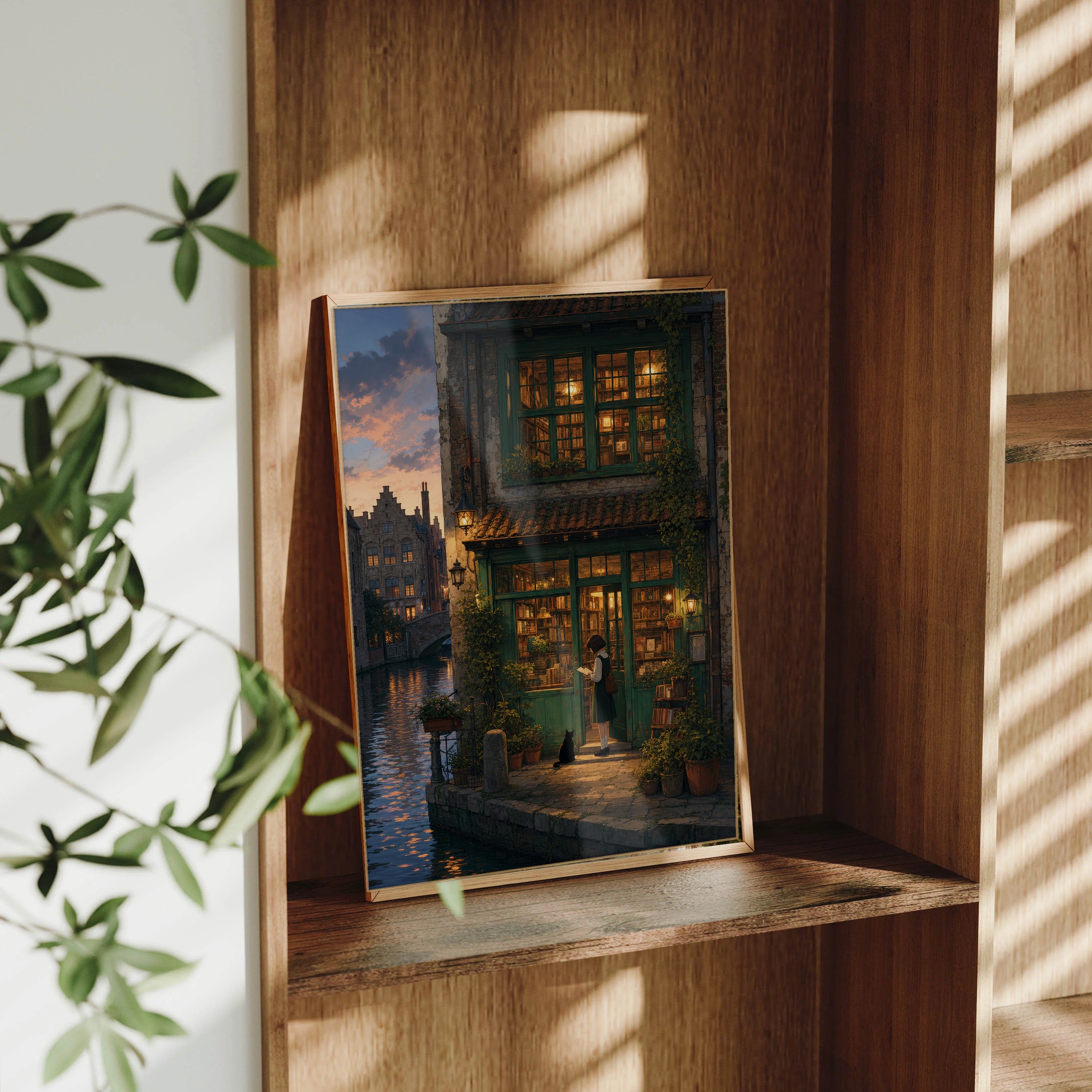 Bruges Canal Dusk Bookshop framed wall art print mockup by Seji Art
