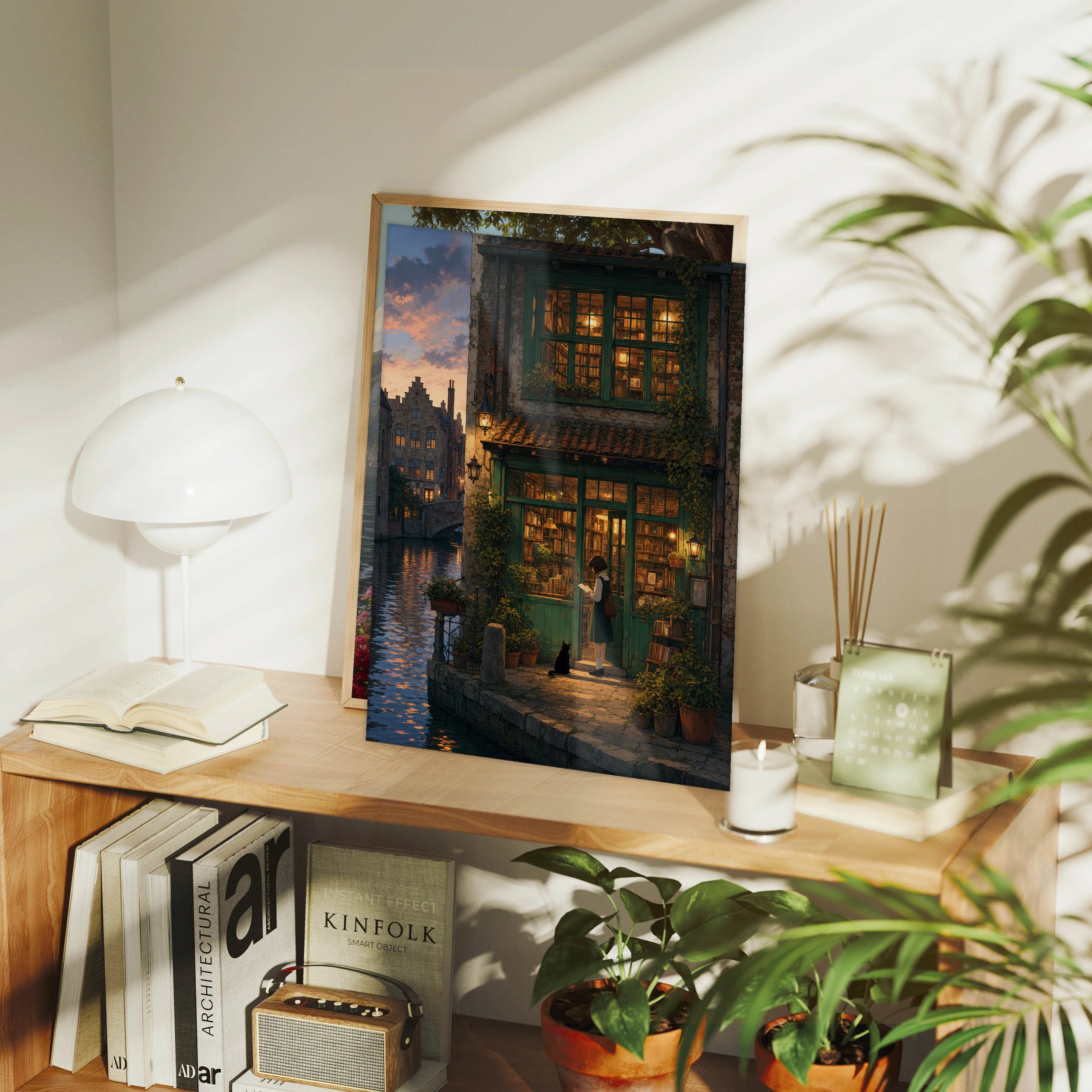 Bruges Canal Dusk Bookshop framed wall art print mockup by Seji Art