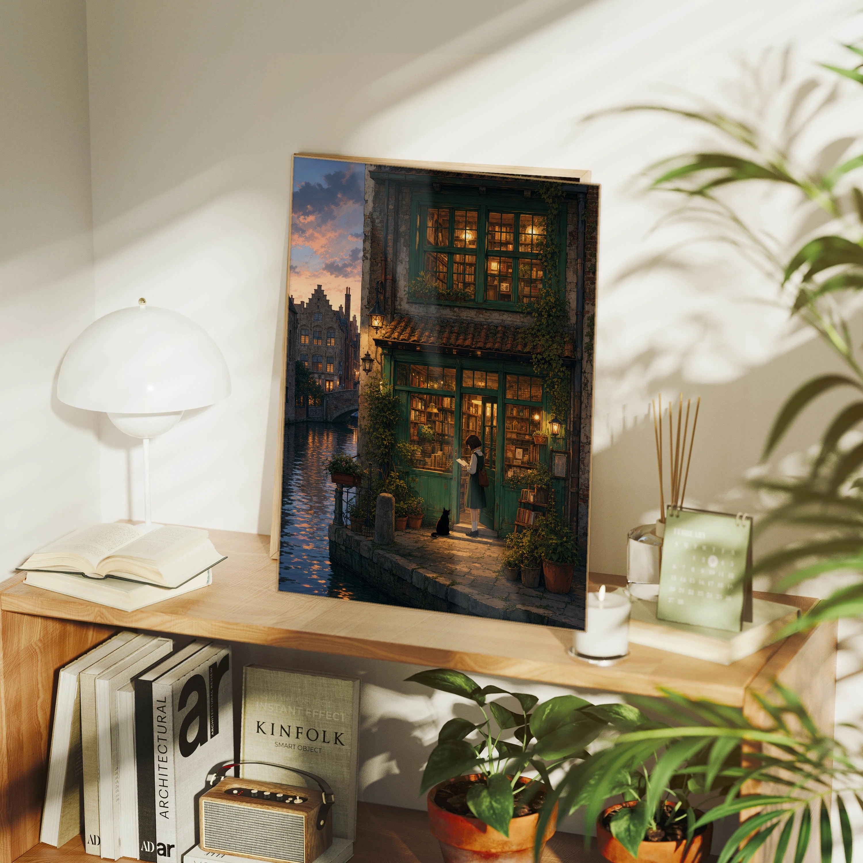 Bruges Canal Dusk Bookshop framed wall art print mockup by Seji Art