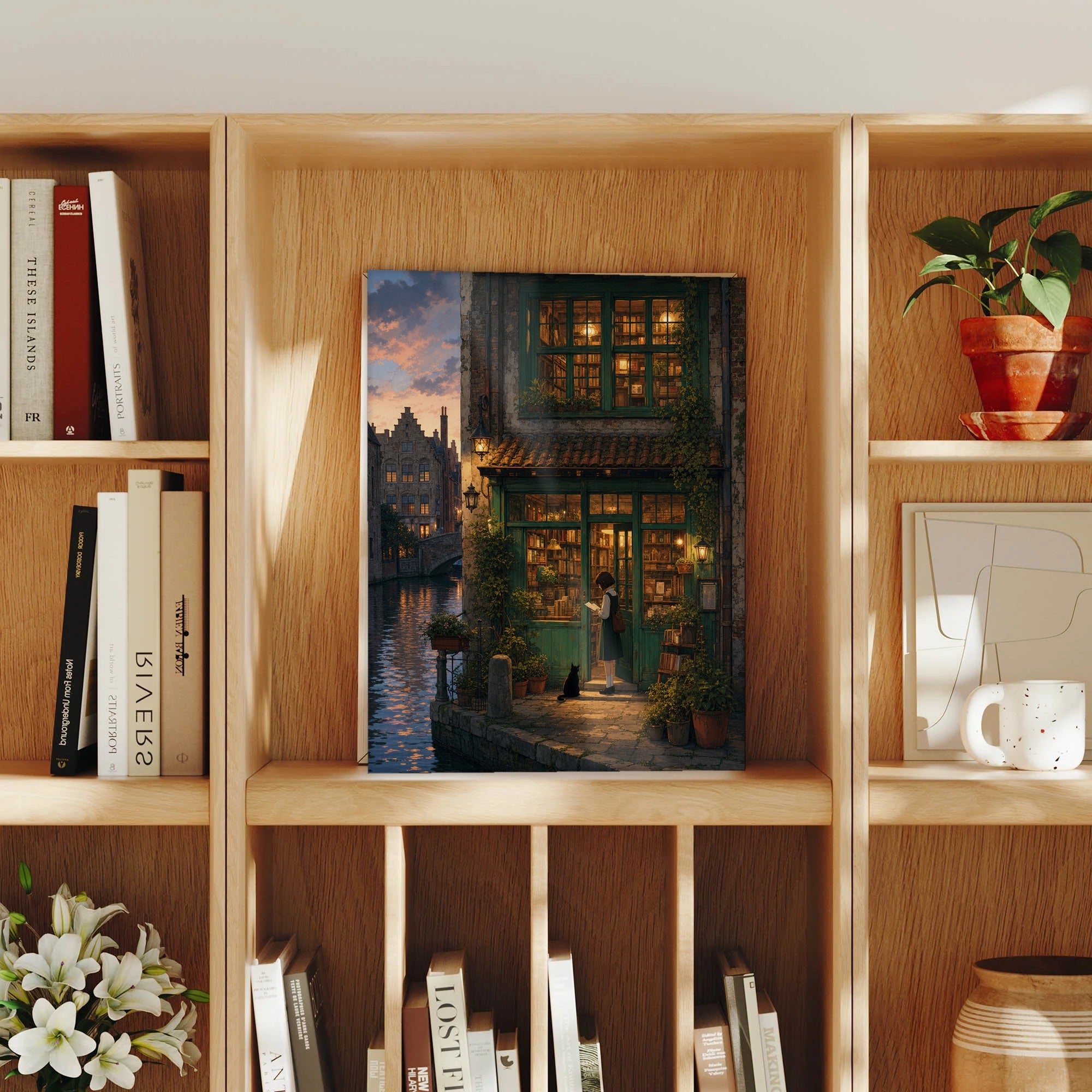 Bruges Canal Dusk Bookshop framed wall art print mockup by Seji Art