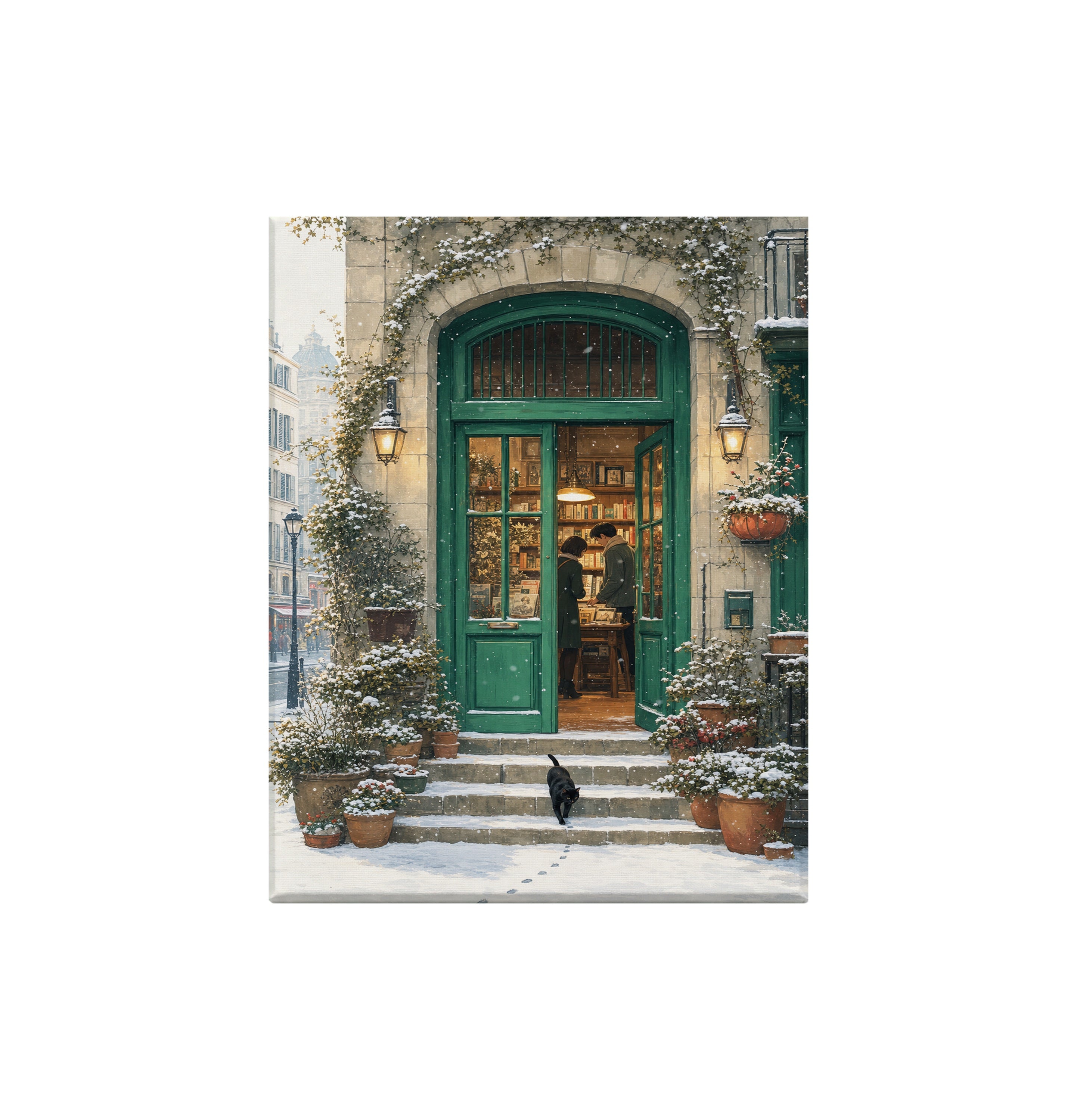 Bruges Snowy Green Door Bookstore canvas wall art preview by Seji Art