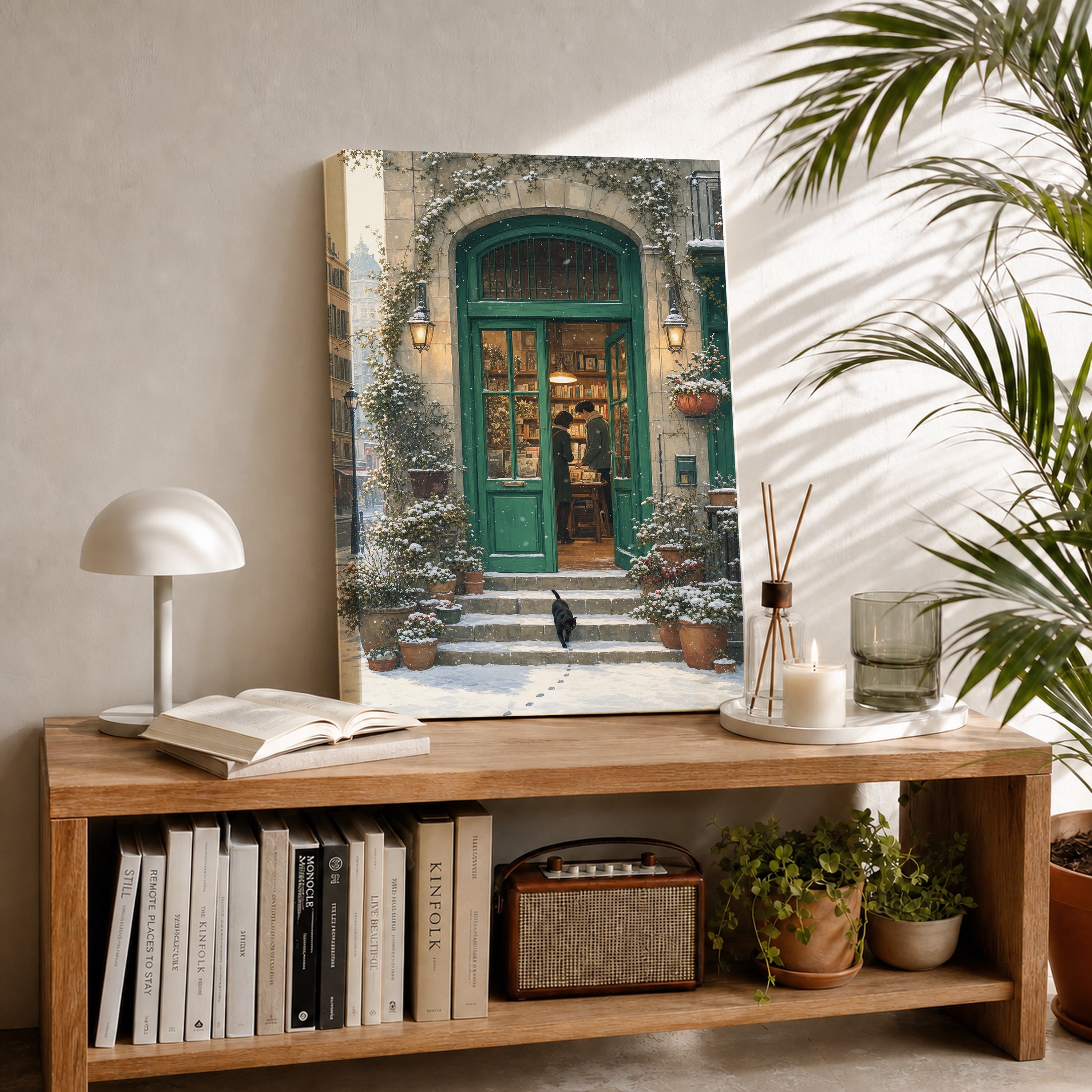 Bruges Snowy Green Door Bookstore canvas room mockup by Seji Art