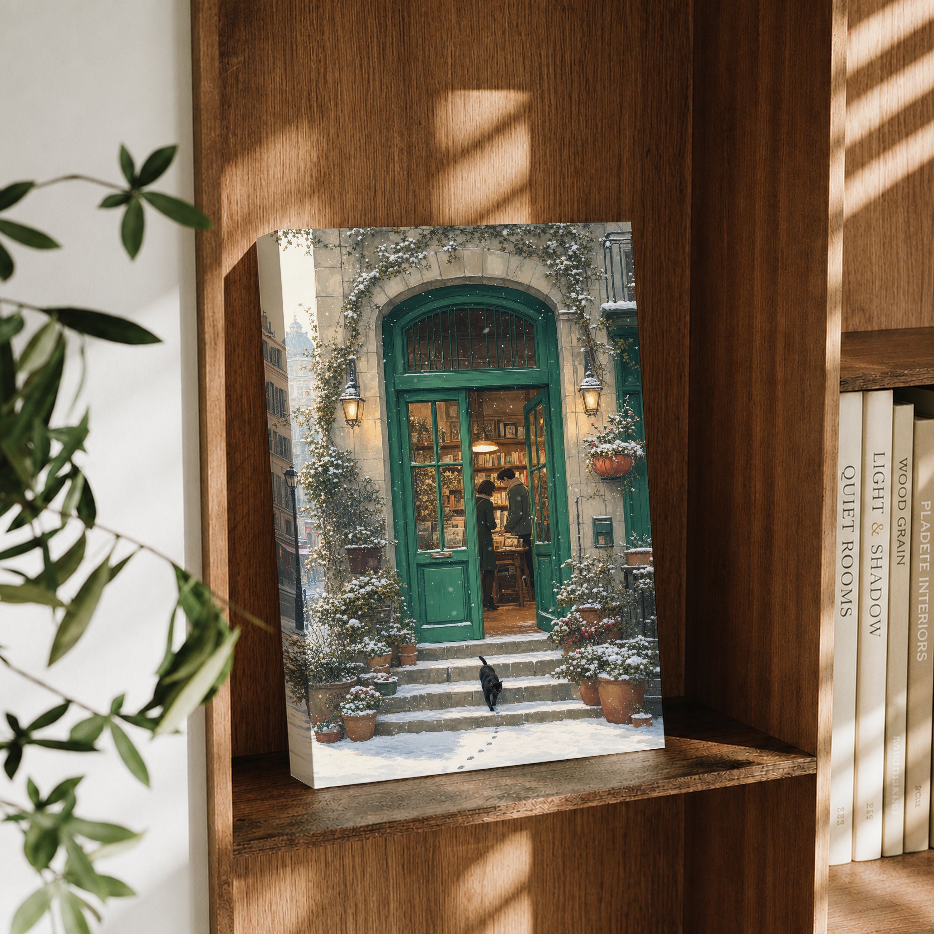 Bruges Snowy Green Door Bookstore canvas wall art decor mockup by Seji Art