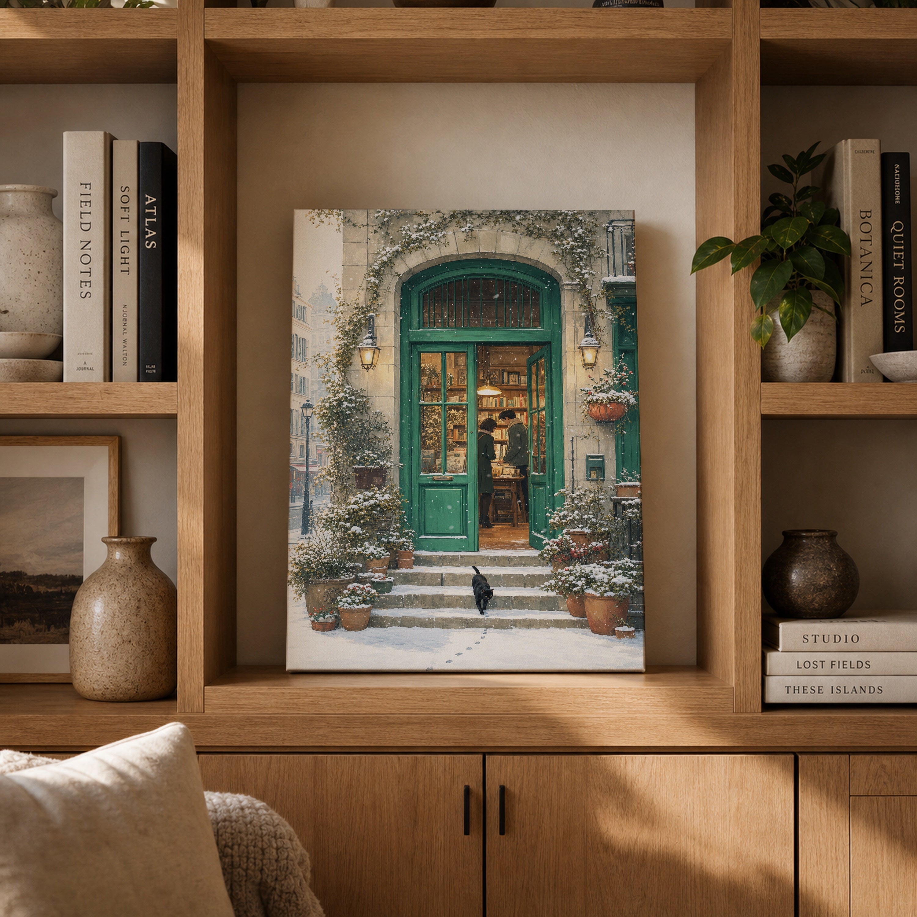 Bruges Snowy Green Door Bookstore canvas gallery shelf mockup by Seji Art